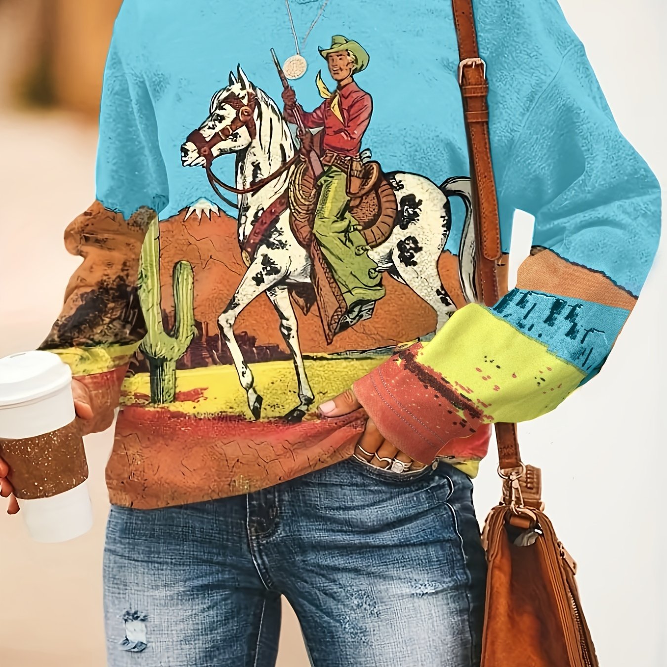 Sixsr Plus Size Casual Sweatshirt, Women's Plus Cowboy Print Long Sleeve Round Neck Western Style Sweatshirt