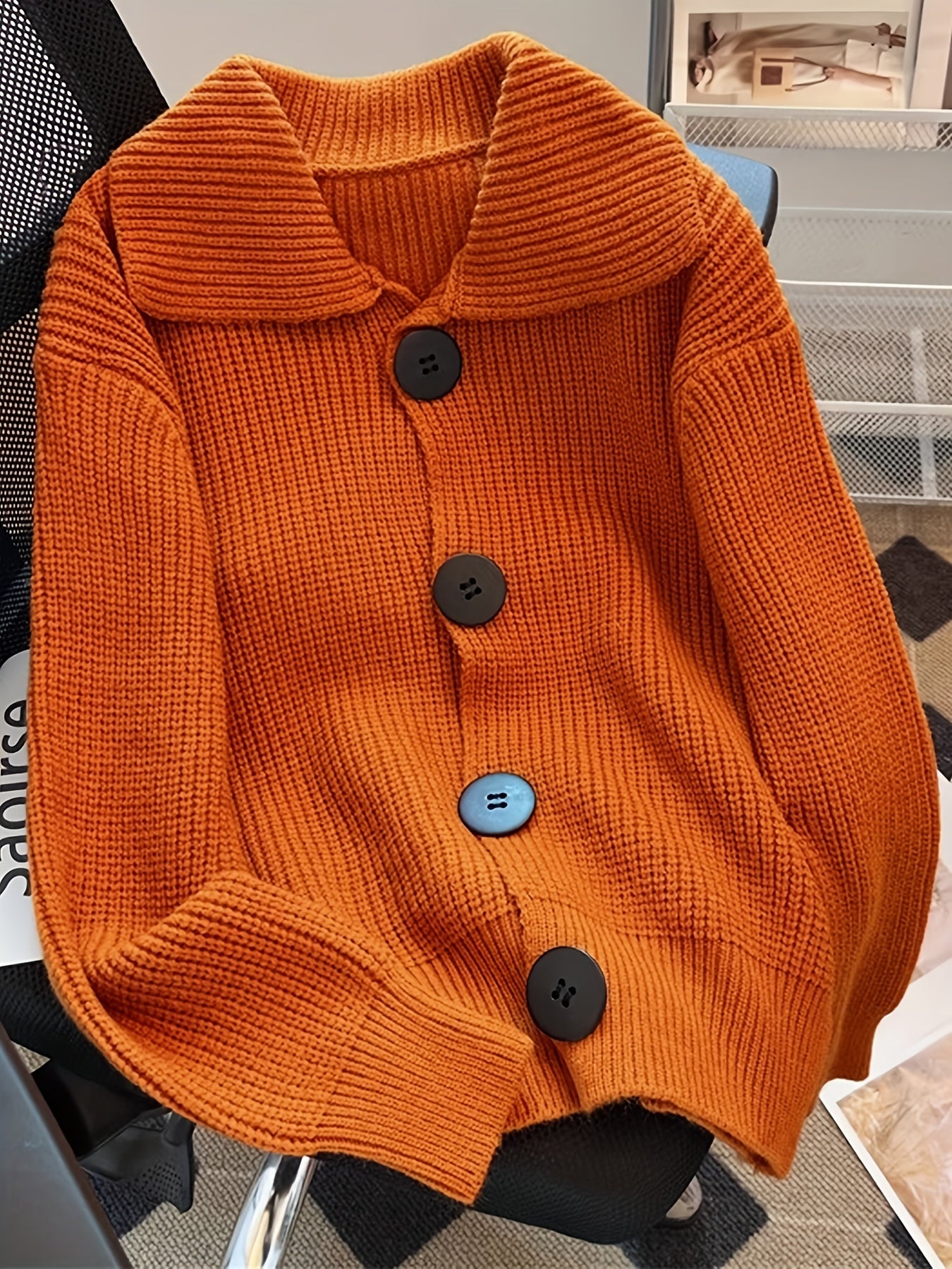 Sixsr Solid Button Down Knit Cardigan, Vintage Turndown Collar Long Sleeve Sweater, Women's Clothing