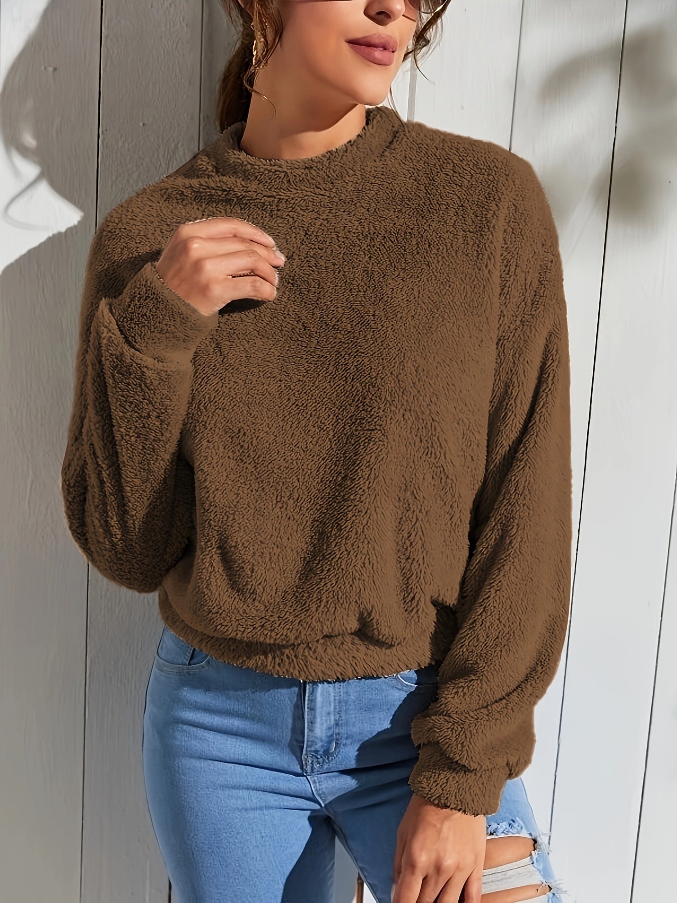 Sixsr Solid Color Teddy Pullover Sweatshirt, Casual Long Sleeve Crew Neck Sweatshirt For Fall & Winter, Women's Clothing
