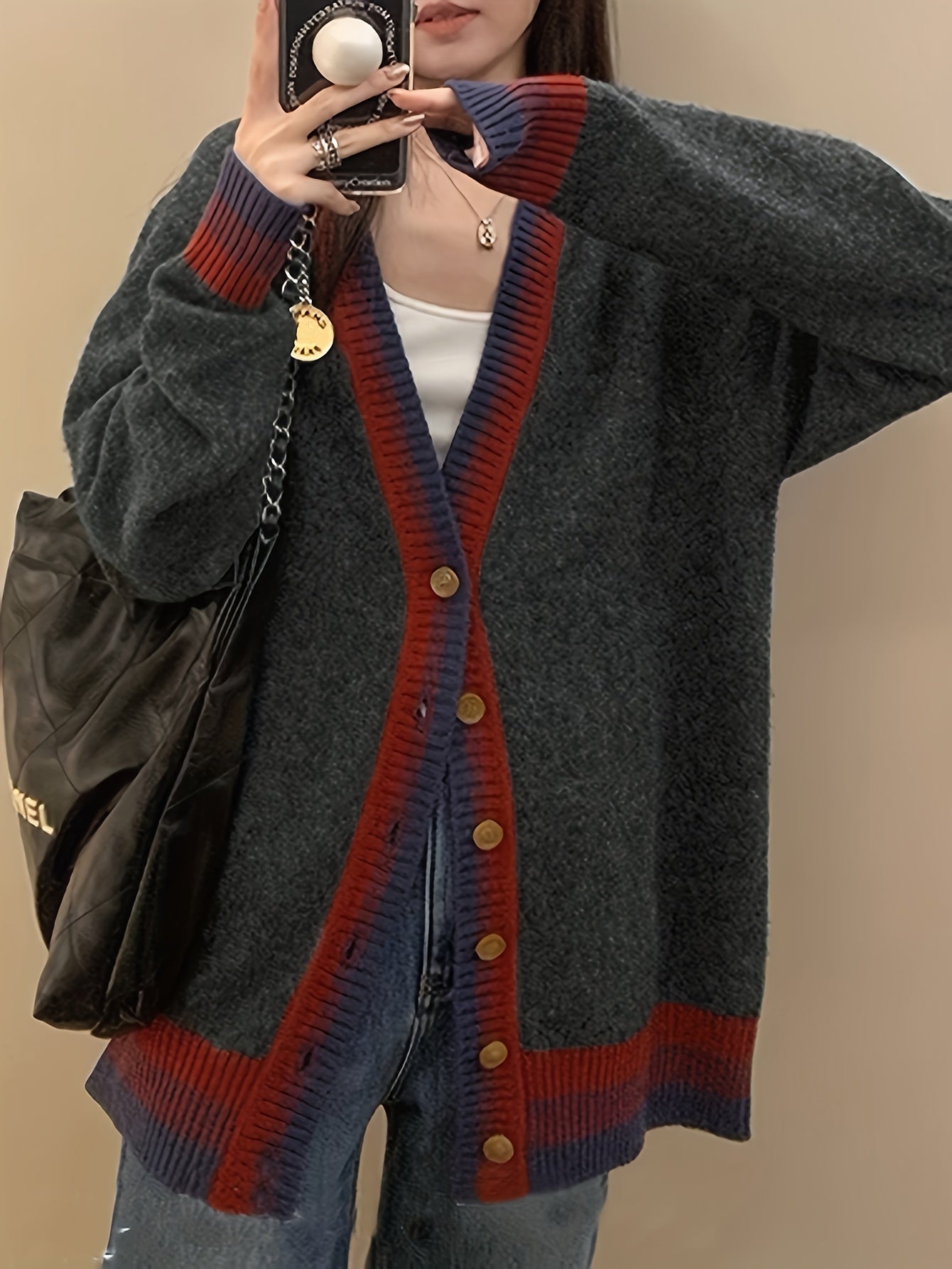 Sixsr Contrast Trim Button Down Knit Cardigan, Casual Long Sleeve Loose Sweater, Women's Cothing
