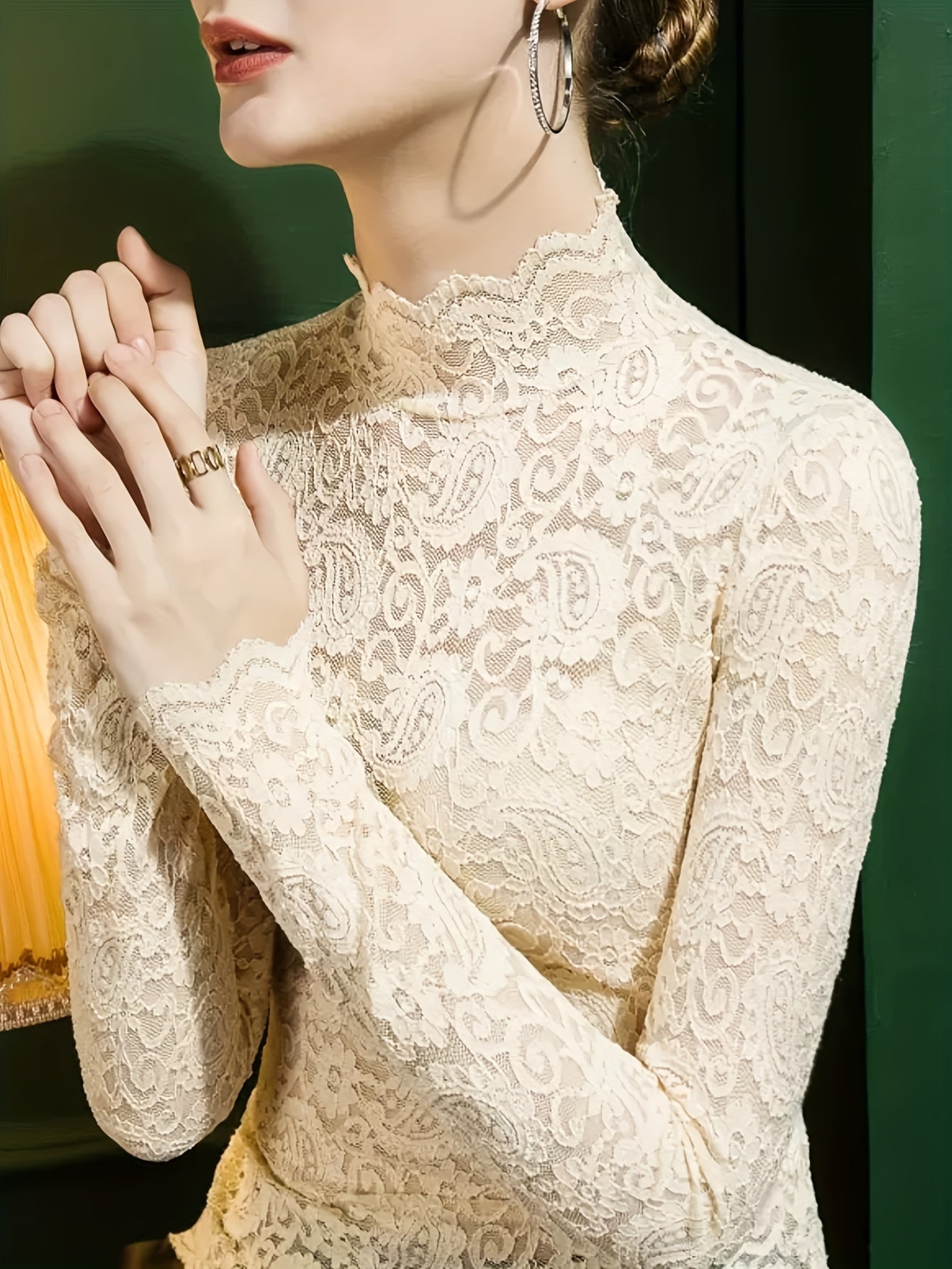 Sixsr Solid Lace Mock Neck Top, Elegant Long Sleeve Top For Spring & Fall, Women's Clothing