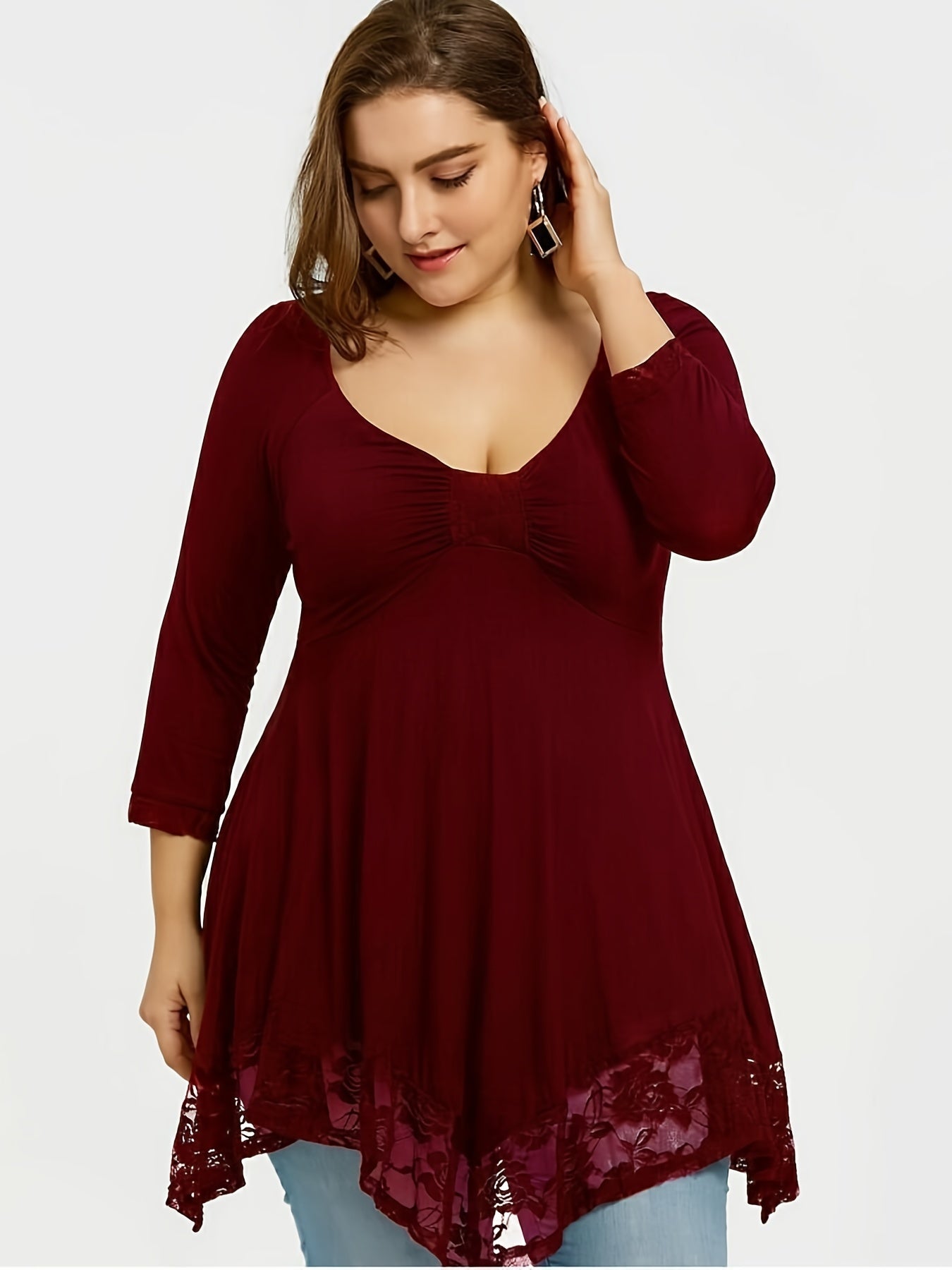 Sixsr Plus Size Floral Jacquard Contrast Lace Solid Tops, Women's Plus Round Neck Long Sleeve Elegant Top