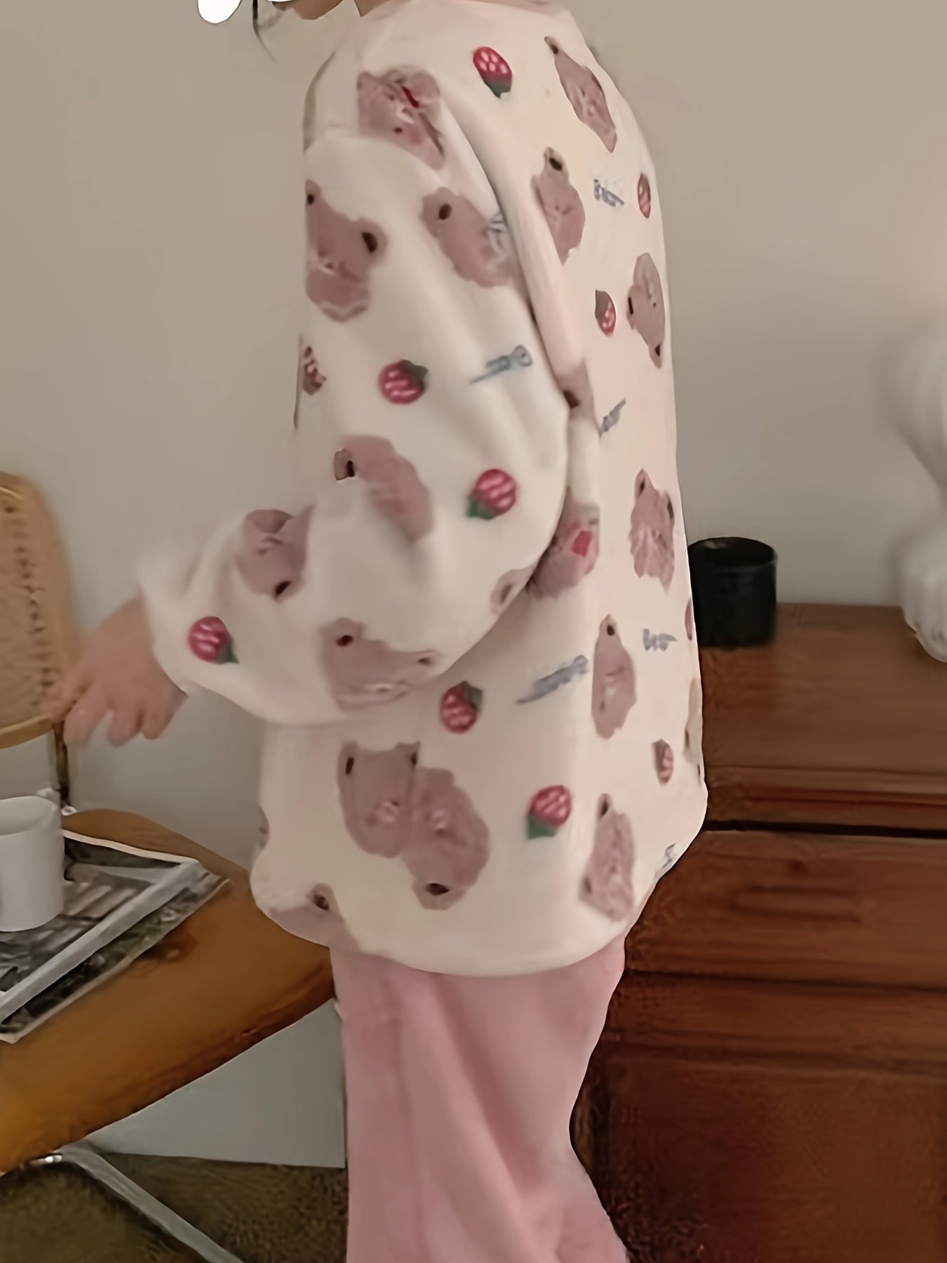 Sixsr Cute Teddy Bear Warm & Thermal Loungewear , Long Sleeve Pullover Pajama Tops & Pants For Valentine's Gifts, Women's Sleepwear & Loungewear