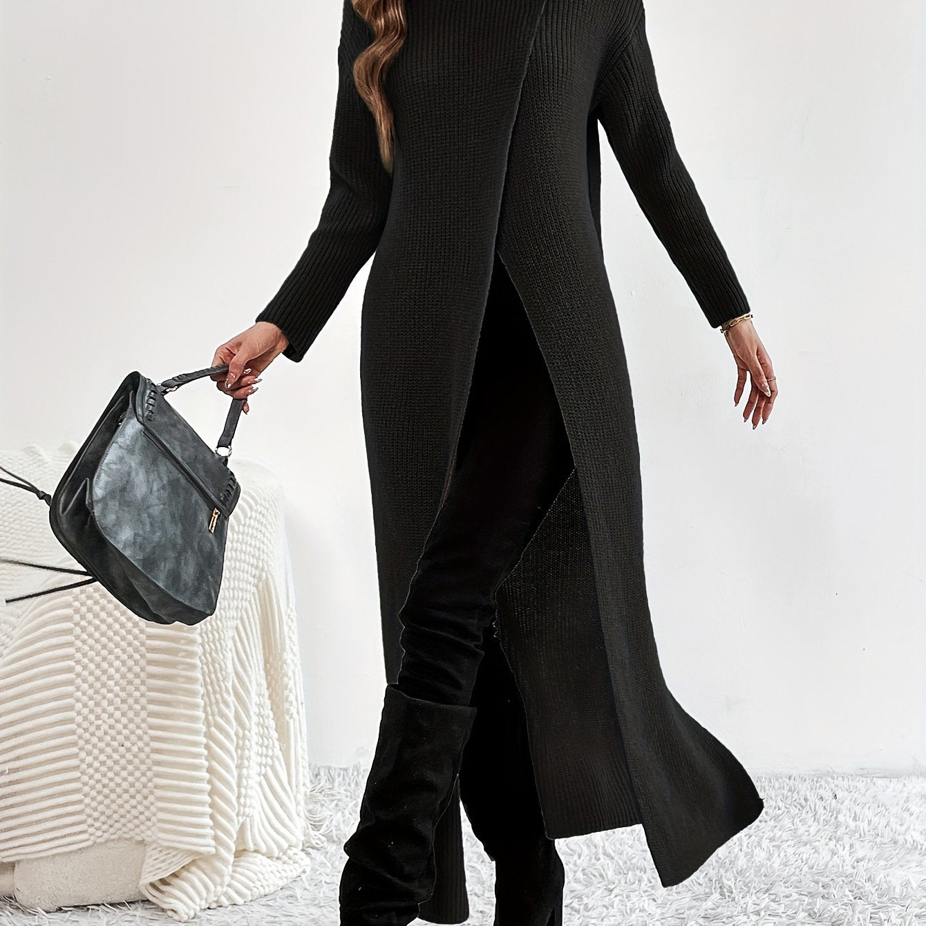 Sixsr Solid High Neck Split Dress, Elegant Long Sleeve Maxi Dress, Women's Clothing