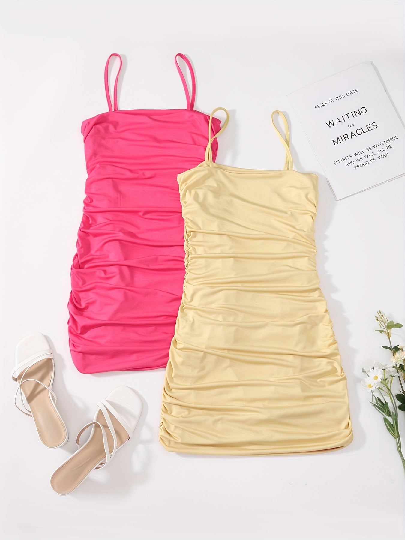 Sixsr 2pcs Solid Bodycon Cami Dress Set, Casual Every Day Dress For Spring & Summer, Women's Clothing