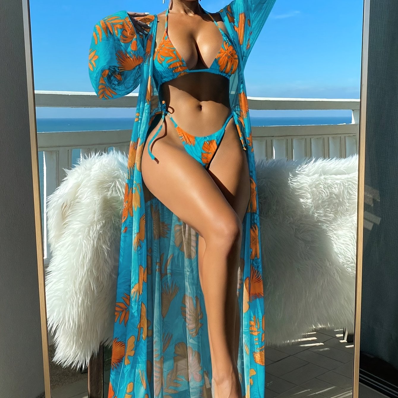 Sixsr Tropical Leaf Print Stretchy 3 Piece Set Bikini With Long Sleeve Kimono, Halter Stretchy Tie Strap Swimsuits, Women's Swimwear & Clothing