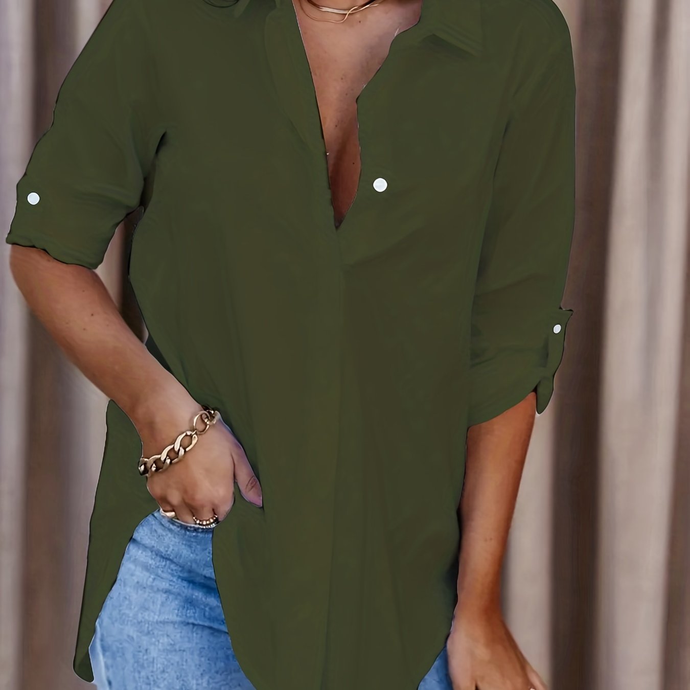 Sixsr Women's Blouse V-neck Solid Button Long Sleeve Casual Blouse