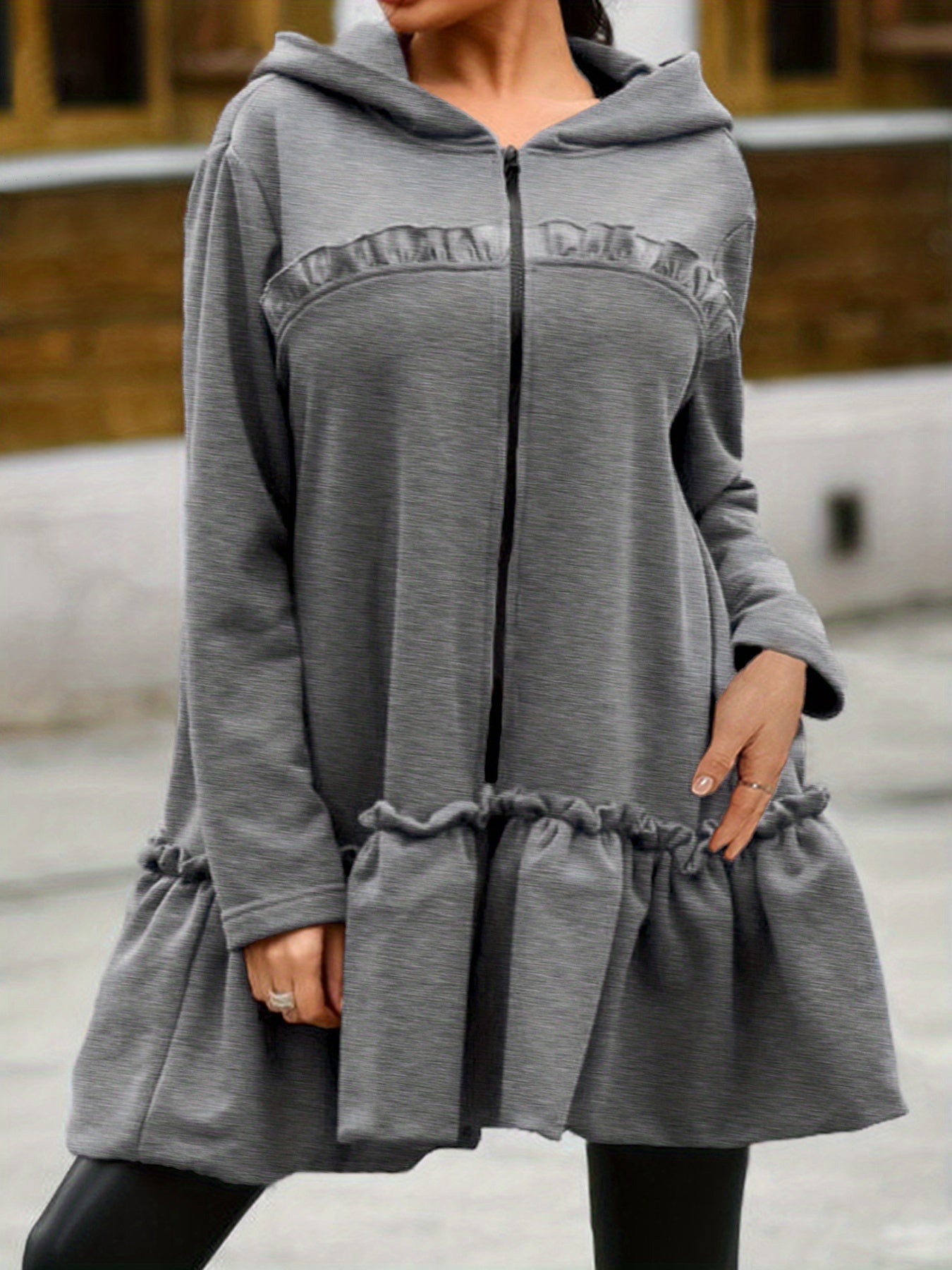 Sixsr Flared Ruffle Trim Hoodies, Casual Zip Up Long Sleeve Solid Sweatshirt, Women's Clothing