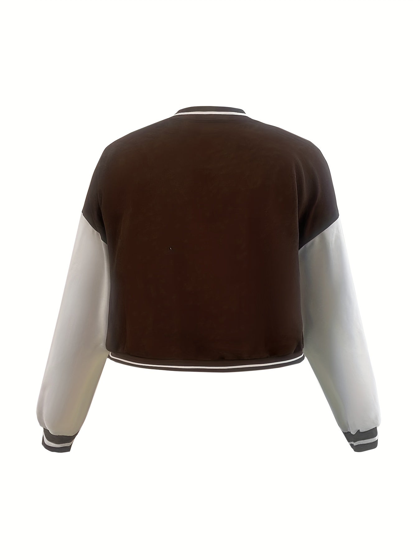 Sixsr Plus Size Casual Jacket, Women's Plus Colorblock Letter Patch Button Long Sleeve Bomber Jacket