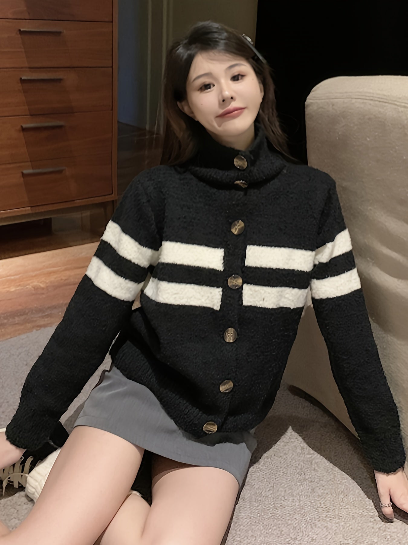 Sixsr Striped Button Front Knit Cardigan, Casual Long Sleeve Sweater, Women's Clothing
