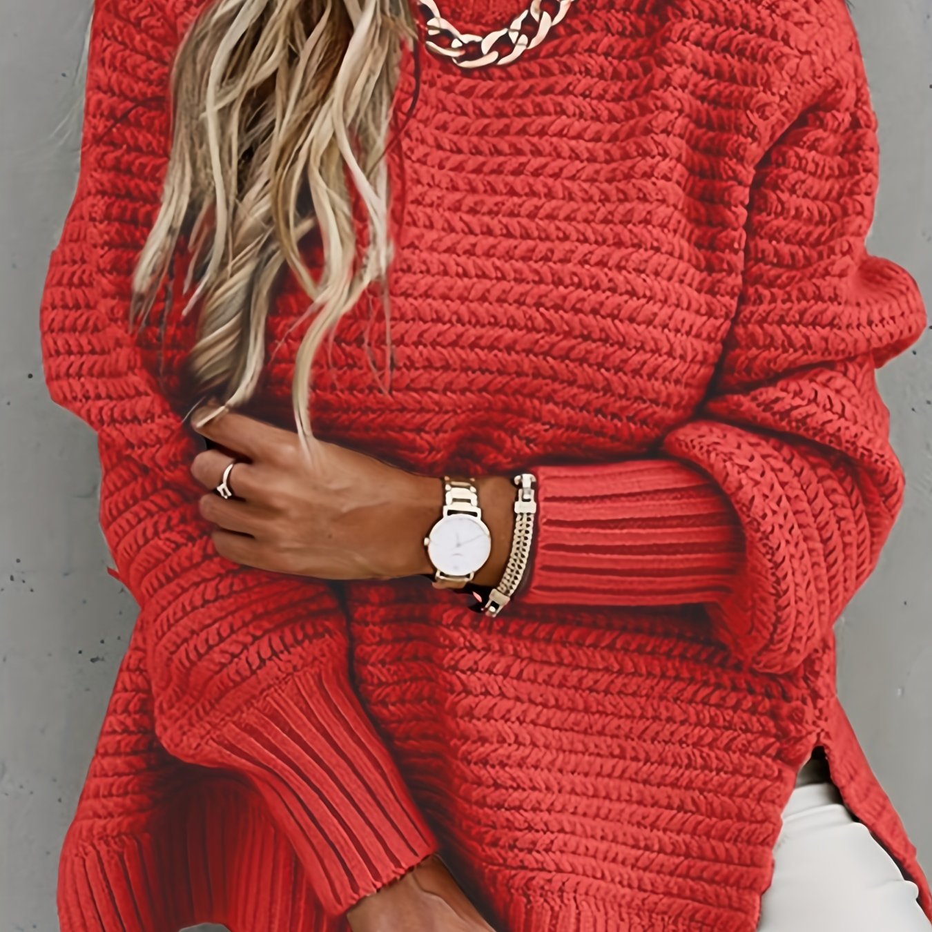 Sixsr Plus Size Casual Sweater, Women's Plus Solid Long Sleeve Round Neck Split Hem Medium Stretch Sweater