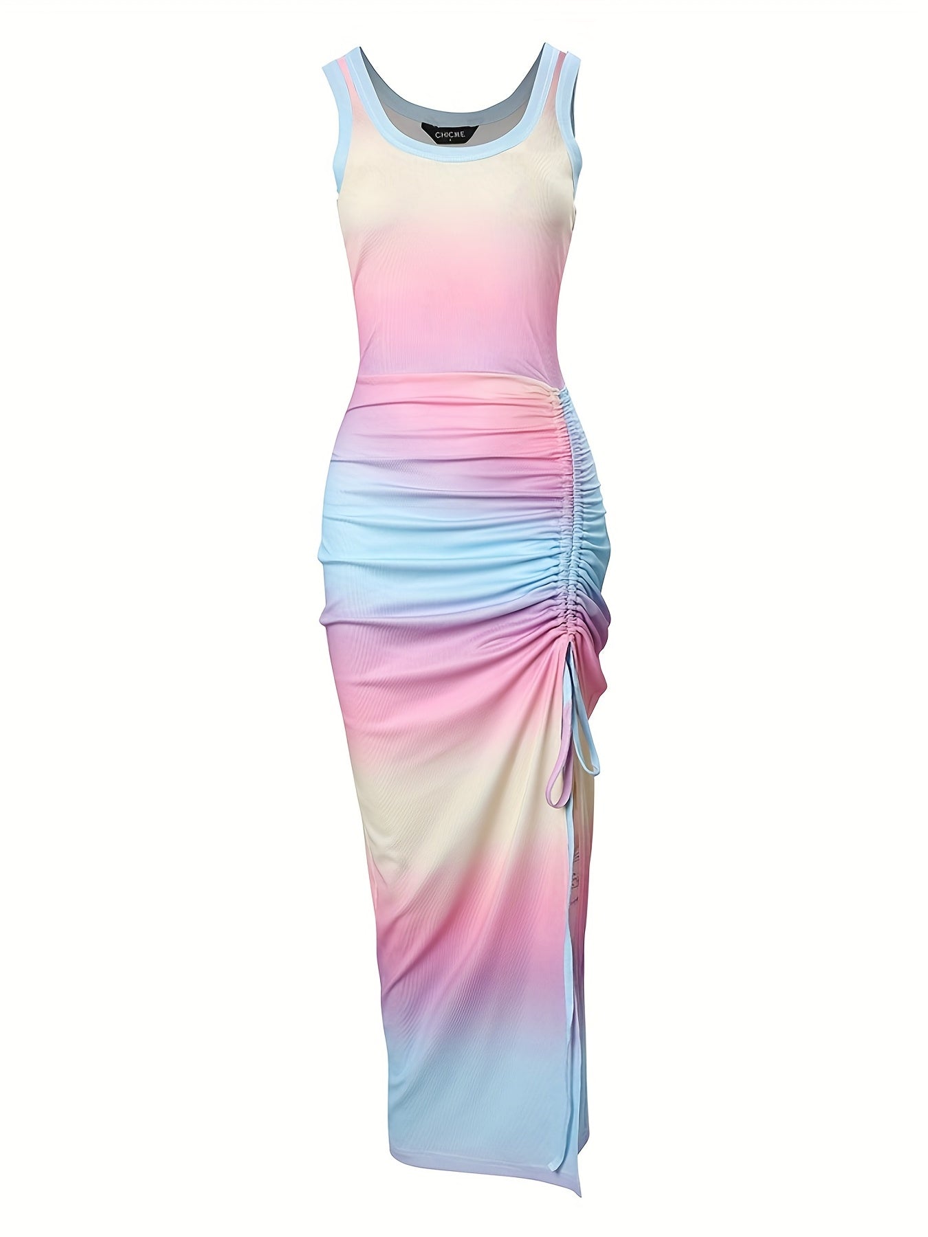 Sixsr Gradient Drawstring Dress, Sexy Crew Neck Sleeveless Split Summer Dress, Women's Clothing