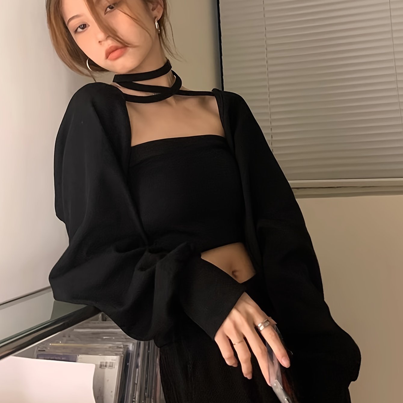 Sixsr Chic Solid Color Two-piece Set, Crop Strapless Tube Top & Choker Neck Long Sleeve Shrug Outfits, Women's Clothing
