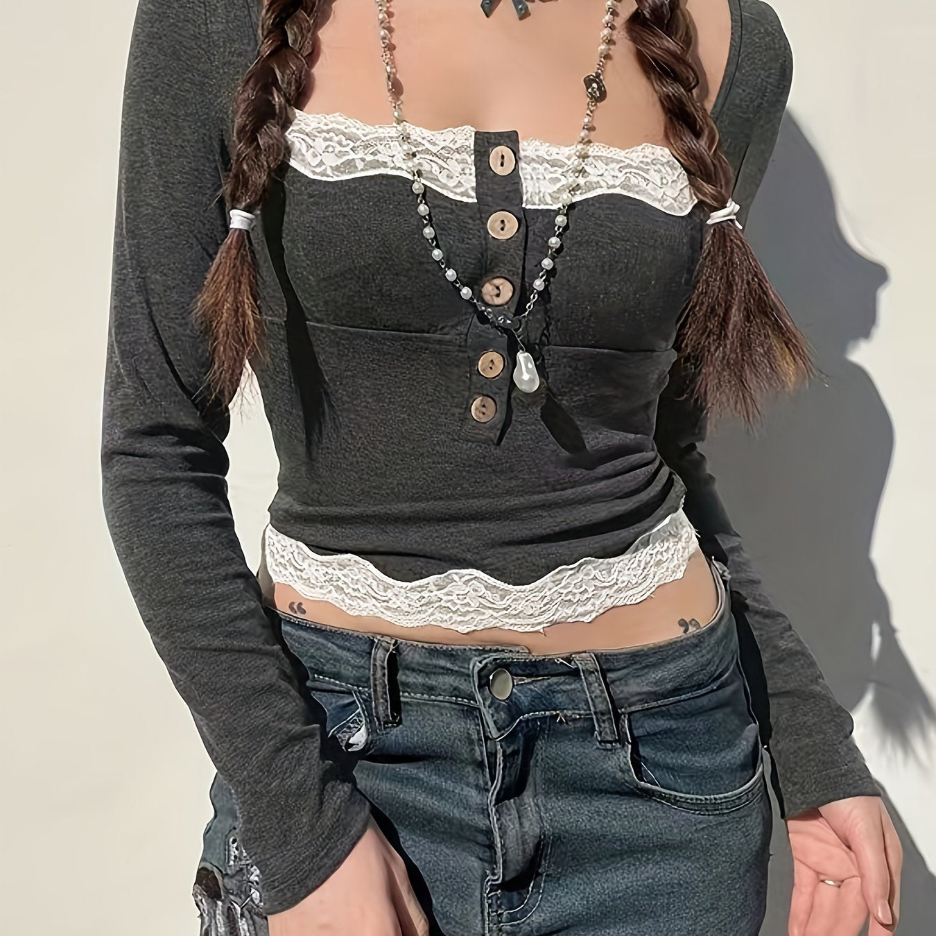 Sixsr Contrast Lace Button Front Square Neck T-Shirt, Y2K Long Sleeve Top For Spring & Fall, Women's Clothing