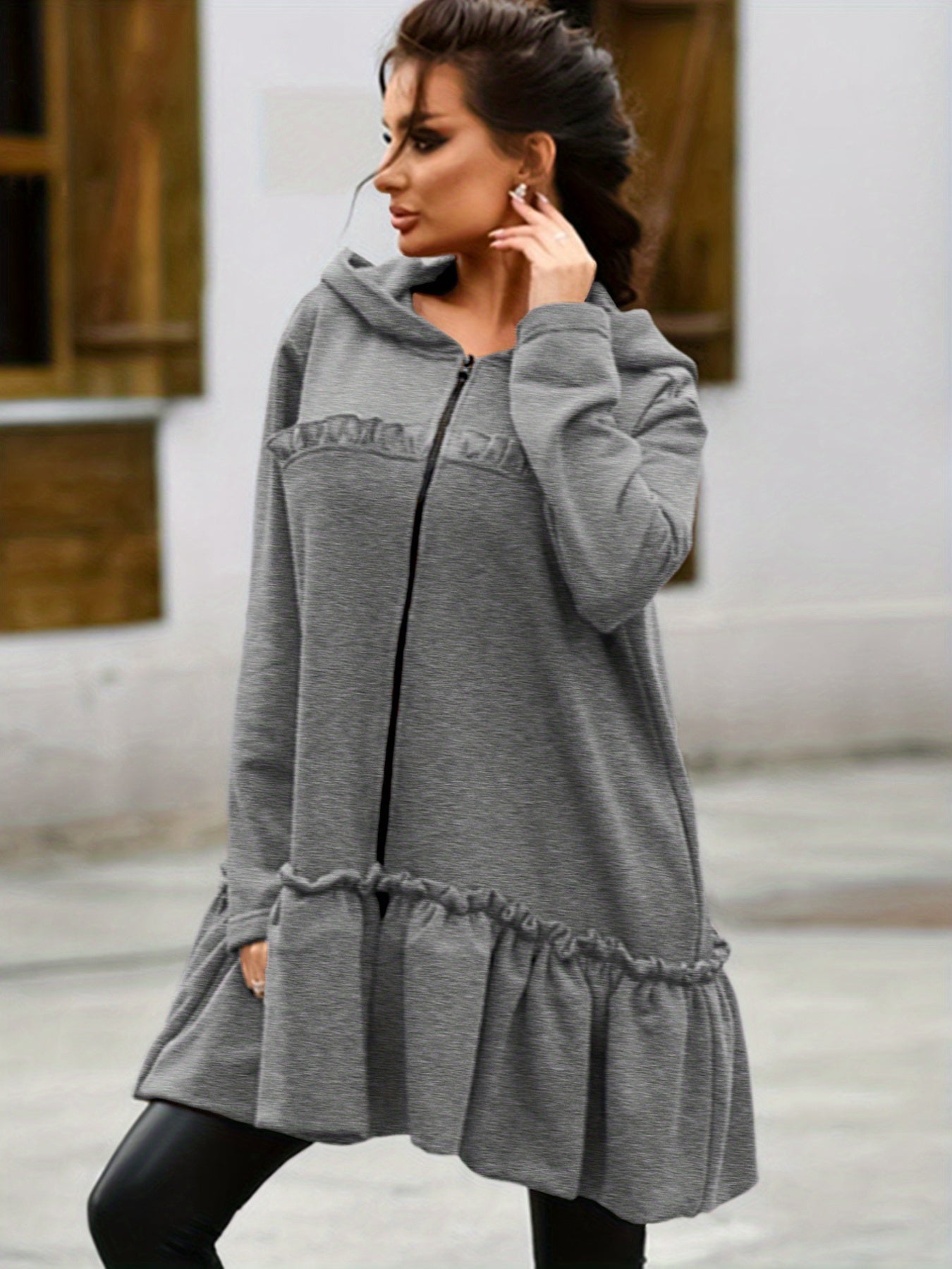 Sixsr Flared Ruffle Trim Hoodies, Casual Zip Up Long Sleeve Solid Sweatshirt, Women's Clothing