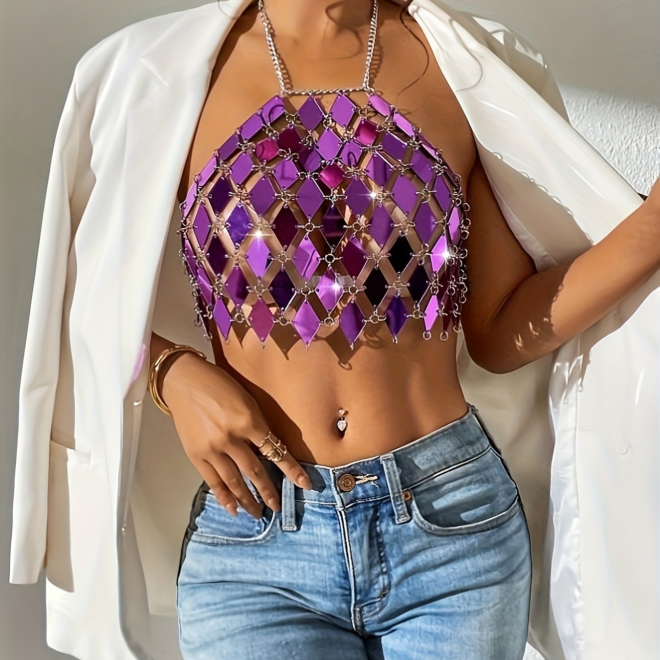 Sixsr Sequin Decor Crop Halter Top, Casual Chain Summer Sleeveless Top, Women's Clothing