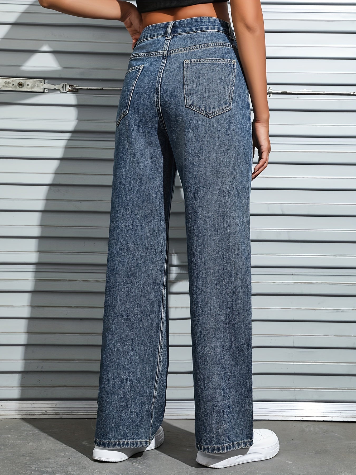 Greatnfb Blue Slant Pockets Straight Jeans, Loose Fit Non-Stretch Casual Wide Legs Jeans, Women's Denim Jeans & Clothing