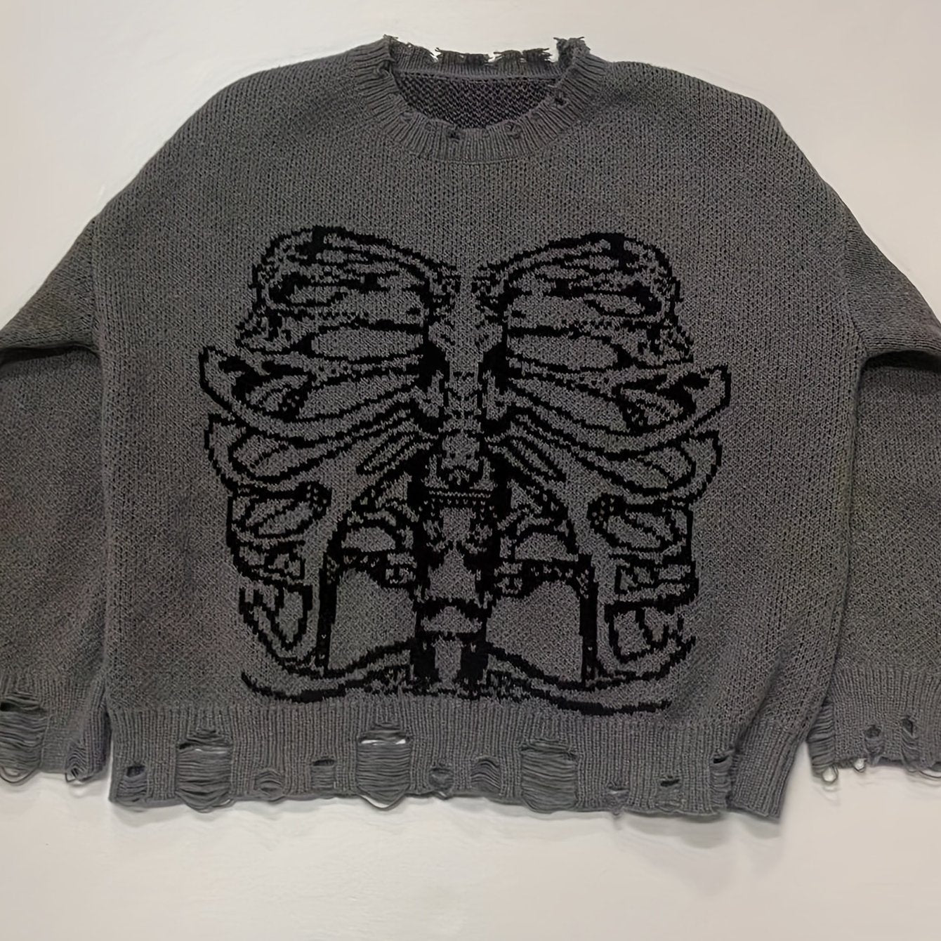 Sixsr Skeleton Pattern Ripped Pullover Sweater, Distress Long Sleeve Sweater For Fall & Winter, Women's Clothing