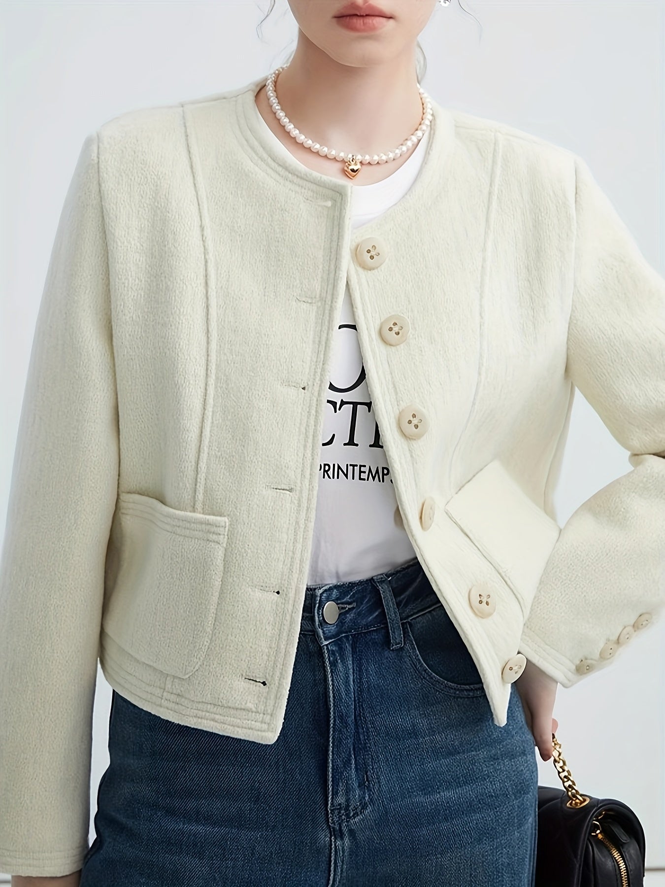Sixsr Solid Button Front Simple Coat, Elegant Long Sleeve Dual Pockets Coat For Fall & Winter, Women's Clothing