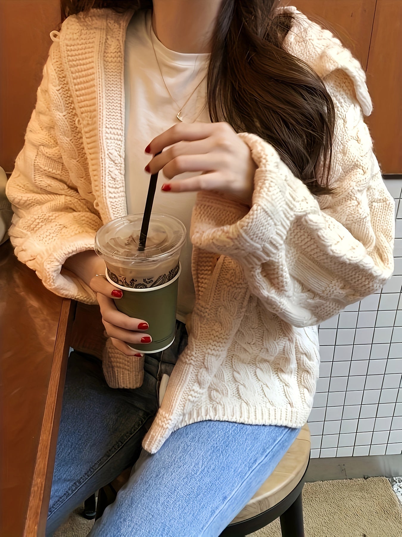 Sixsr Solid Horn Buckle Cable Knit Cardigan, Preppy Long Sleeve Hooded Loose Sweater, Women's Clothing