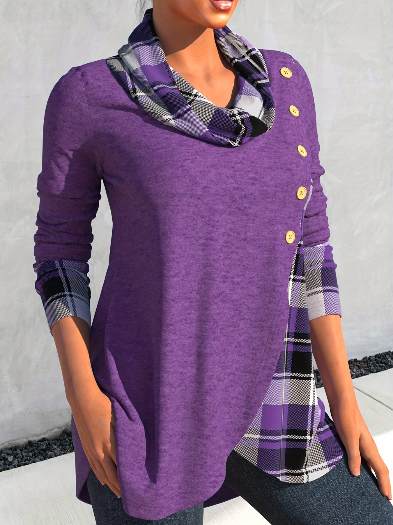 Sixsr Plus Size Casual Sweatshirt, Women's Plus Colorblock Plaid Print Long Sleeve Mock Neck Button Decor Pullover Top