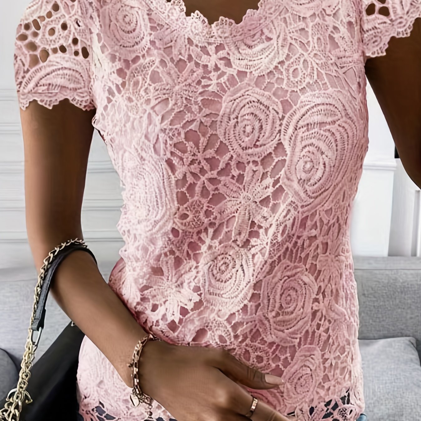 Sixsr Lace Crew Neck T-Shirt, Elegant Short Sleeve T-Shirt For Spring & Summer, Women's Clothing