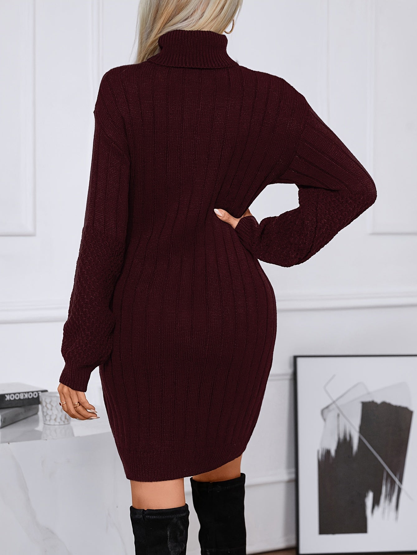 Sixsr Turtleneck Sweater Dress, Casual Long Sleeve Solid Dress, Women's Clothing