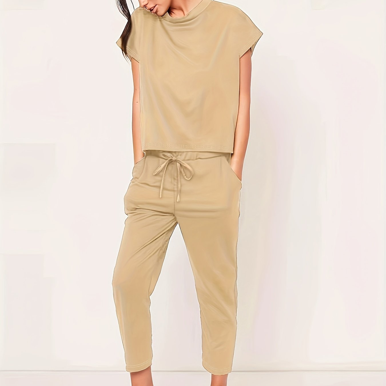 Sixsr Casual Solid Pantsuits Two-piece Set, Short Sleeve Round Neck Tops & Drawstring Cropped Pants Set, Women's Clothing