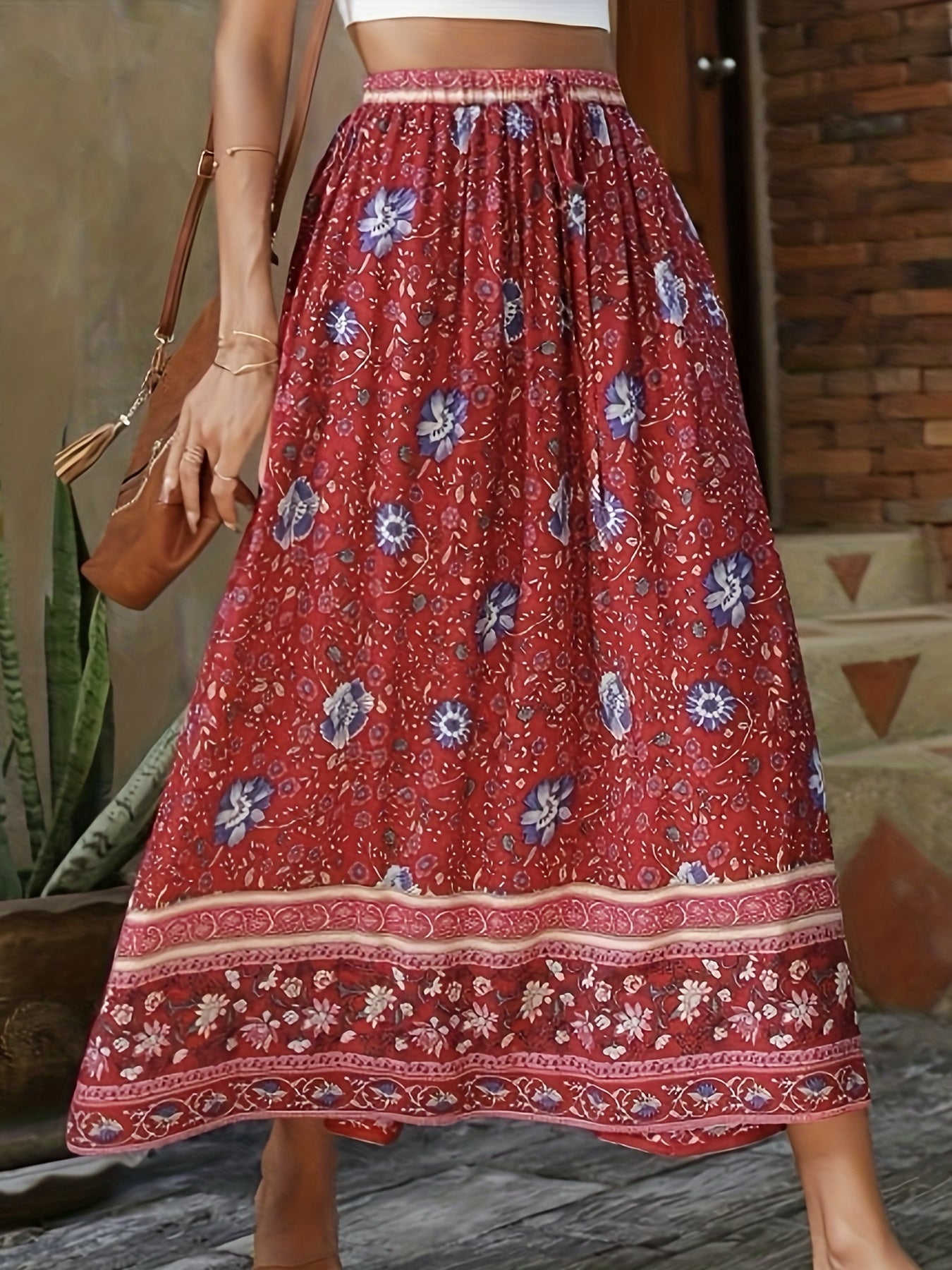 Sixsr Floral Print Drawstring Waist Skirt, Boho Skirt For Spring & Summer, Women's Clothing