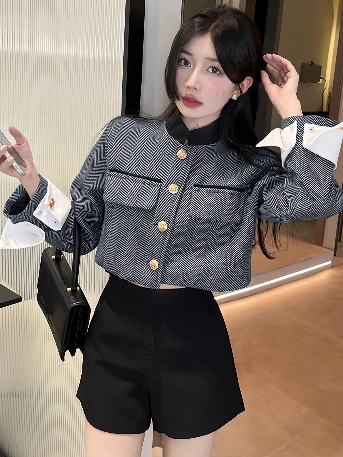 Sixsr Contrast Trim Single Breasted Jacket, Elegant Long Sleeve Stand Collar Outwear For Fall & Winter, Women's Clothing