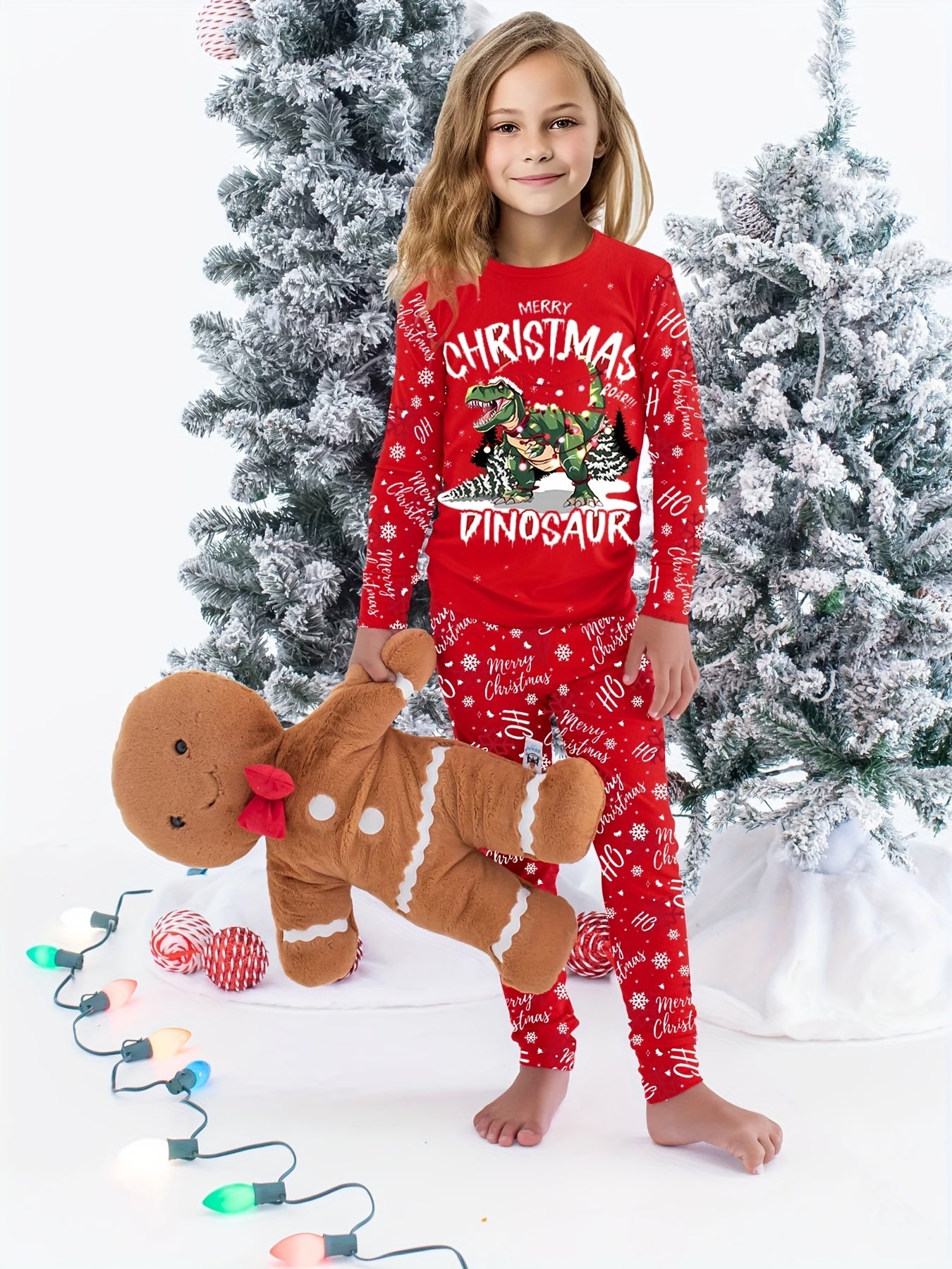 Boys/Girls Long Sleeve Top Long Pants Clothes Set, New Year Red Festival Christmas Dinosaur Print Windproof Warm Fleece High Elasticity Comfortable And Soft Underwear Set For Autumn/ Winter