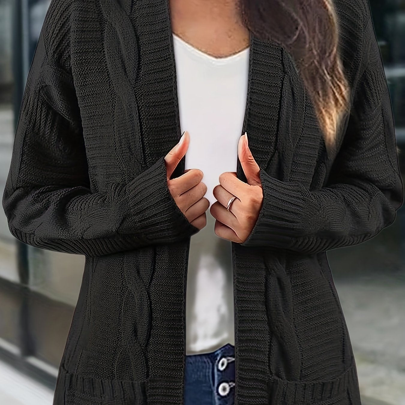 Sixsr Solid Cable Knit Cardigan, Casual Open Front Long Sleeve Sweater, Women's Clothing