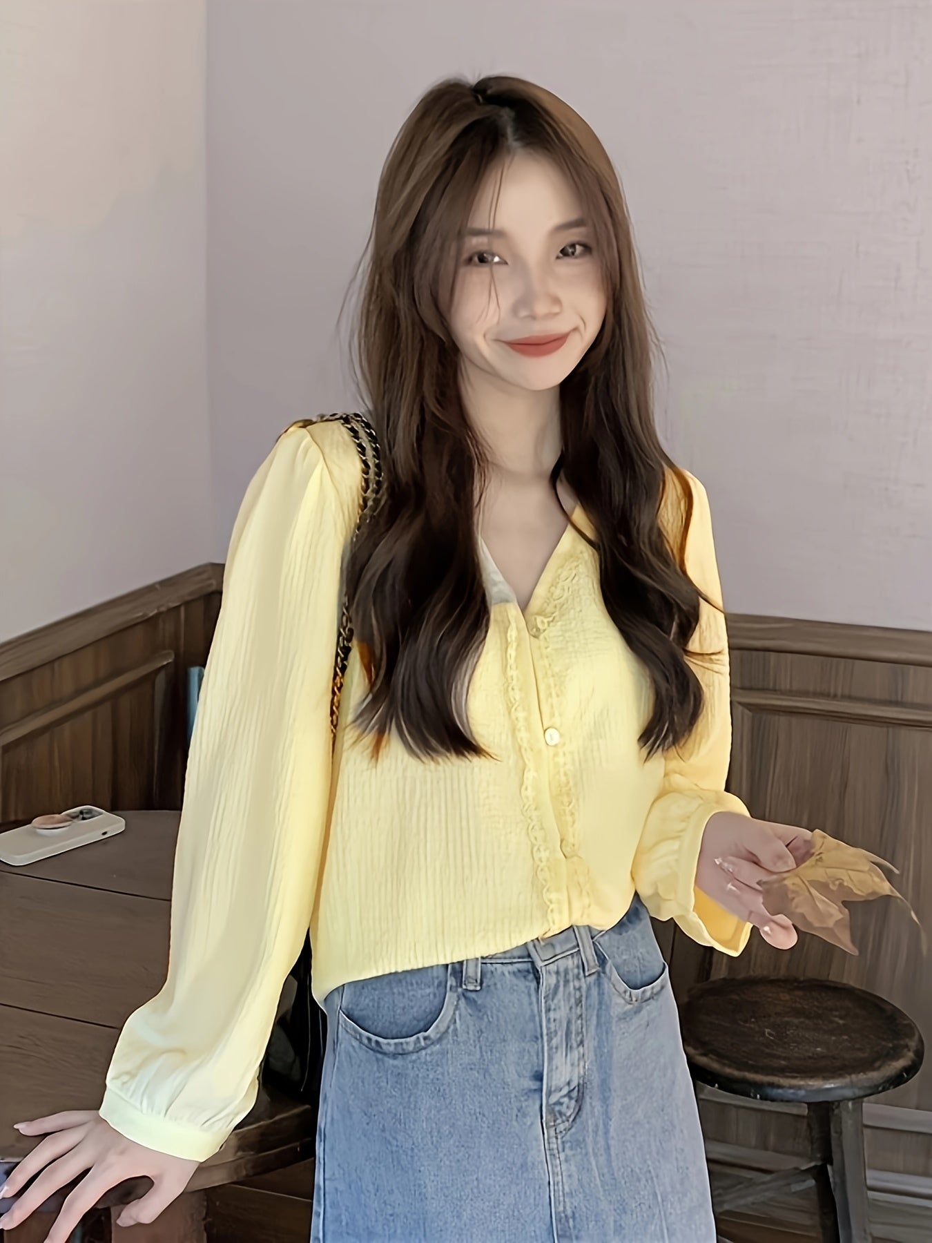 Sixsr Contrast Lace Solid Blouse, Casual V Neck Button Front Long Sleeve Blouse, Women's Clothing
