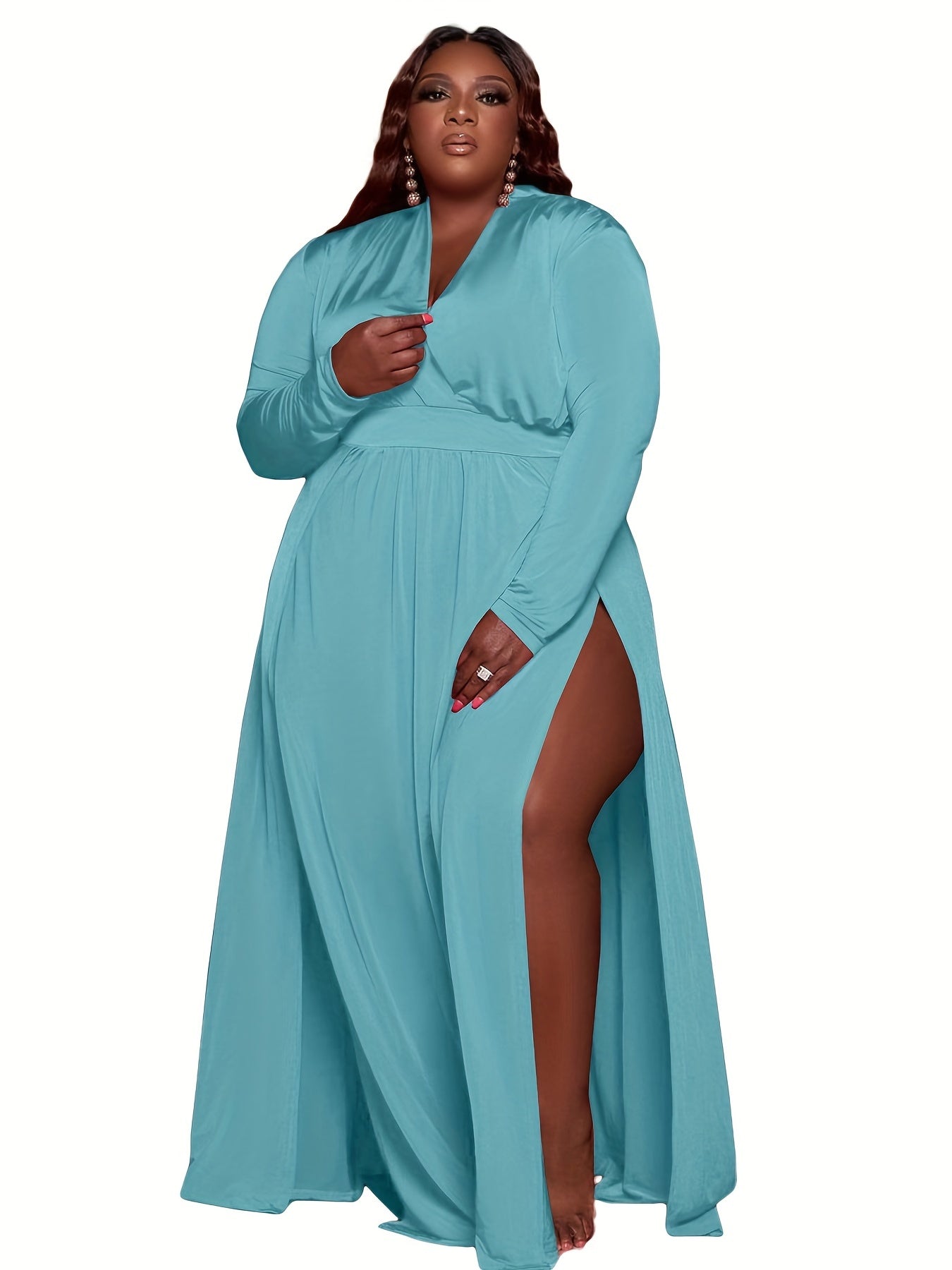 Sixsr Plus Size Sexy Dress, Women's Plus Solid Long Sleeve Surplice Neck High Split Slight Stretch Dress