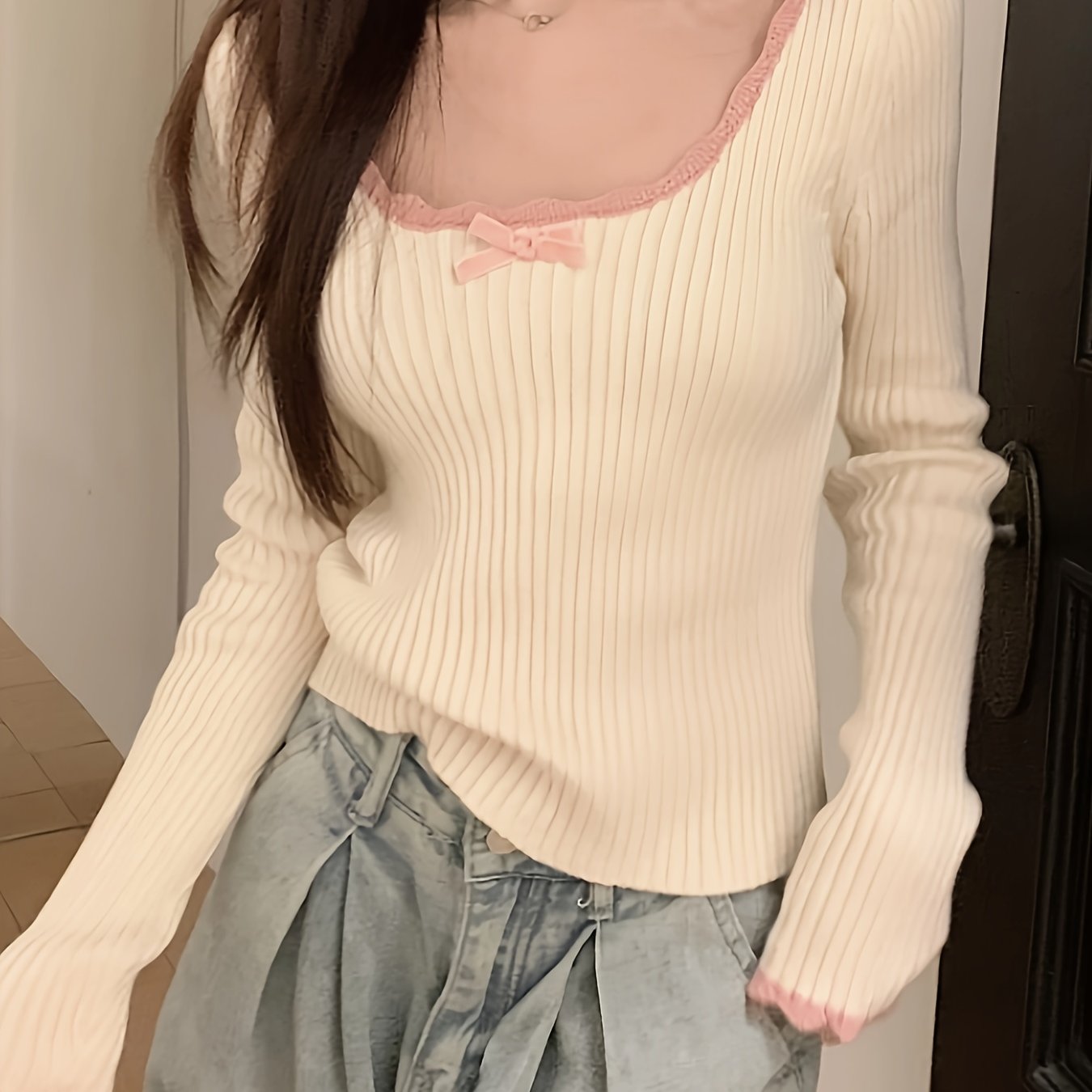 Sixsr Contrast Trim Scoop Neck Pullover Top, Casual Long Sleeve Slim Knit Sweater, Women's Clothing