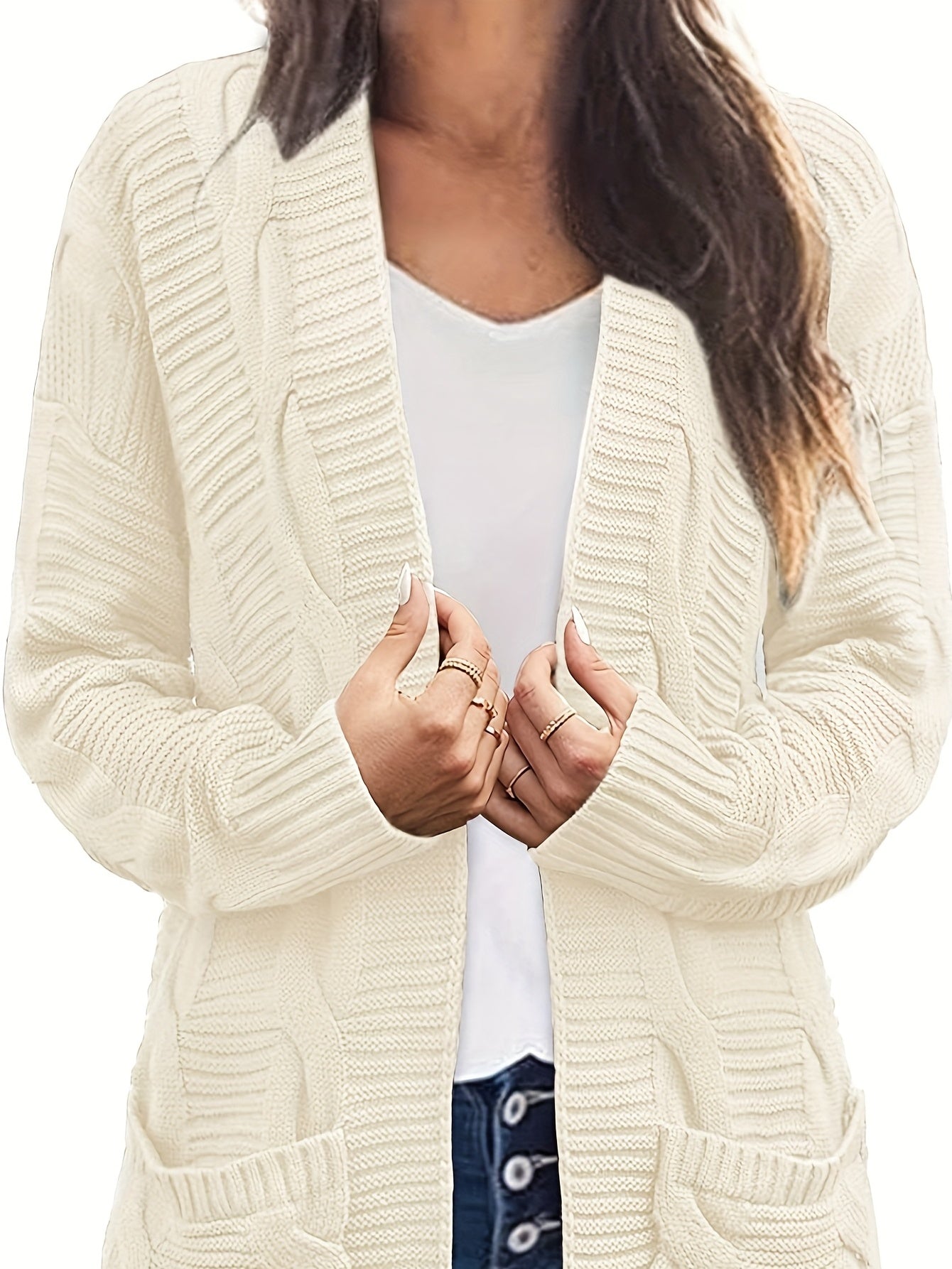 Sixsr Solid Cable Knit Cardigan, Casual Open Front Long Sleeve Sweater, Women's Clothing