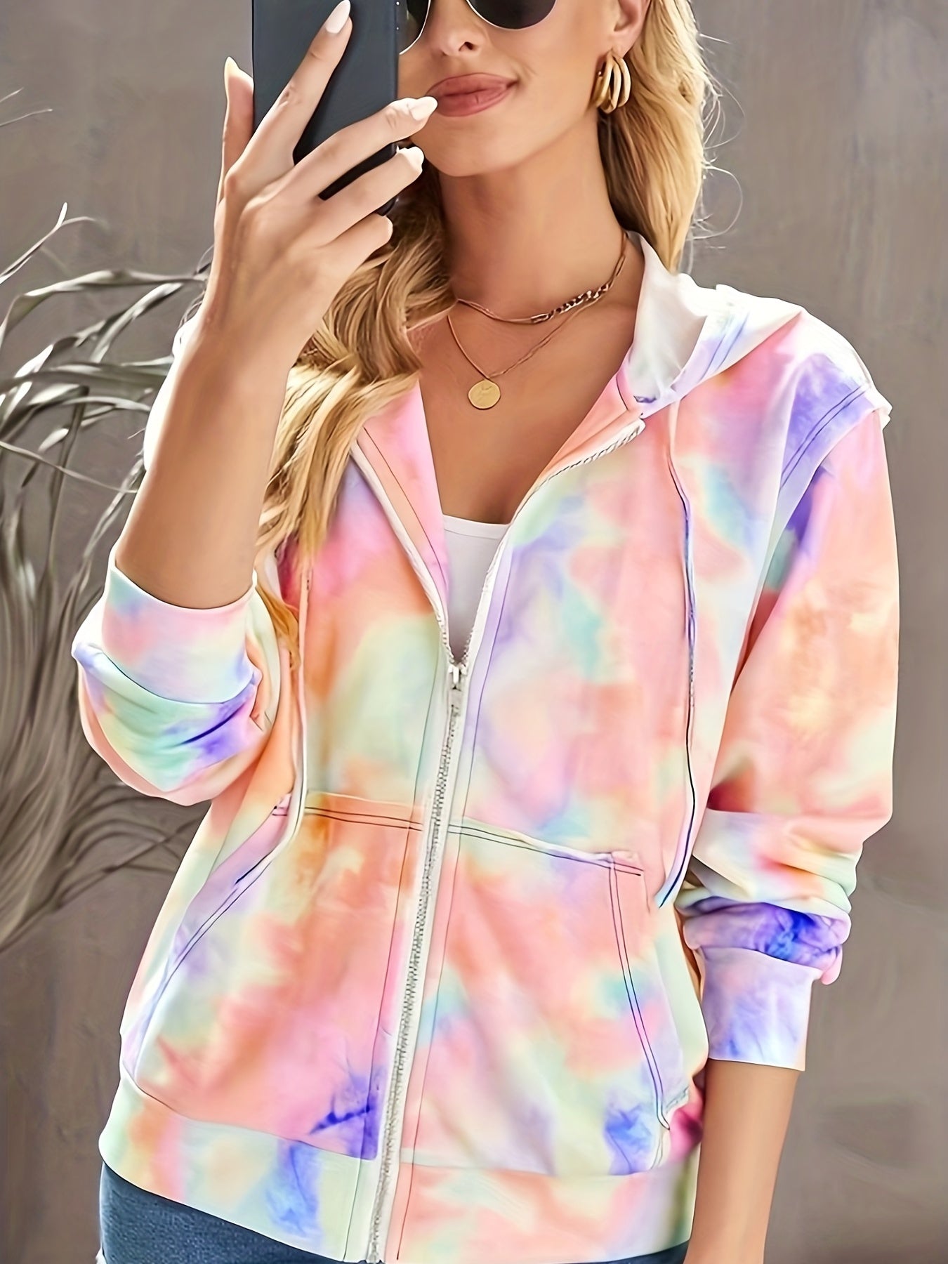 Sixsr Plus Size Casual Coat, Women's Plus Tie Dye Long Sleeve Hooded Zipper Coat With Pockets