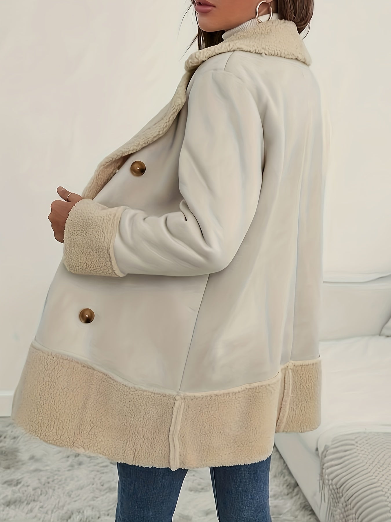 Sixsr Fuzzy Trim Double Breasted Coat, Elegant Long Sleeve Warm Outerwear, Women's Clothing