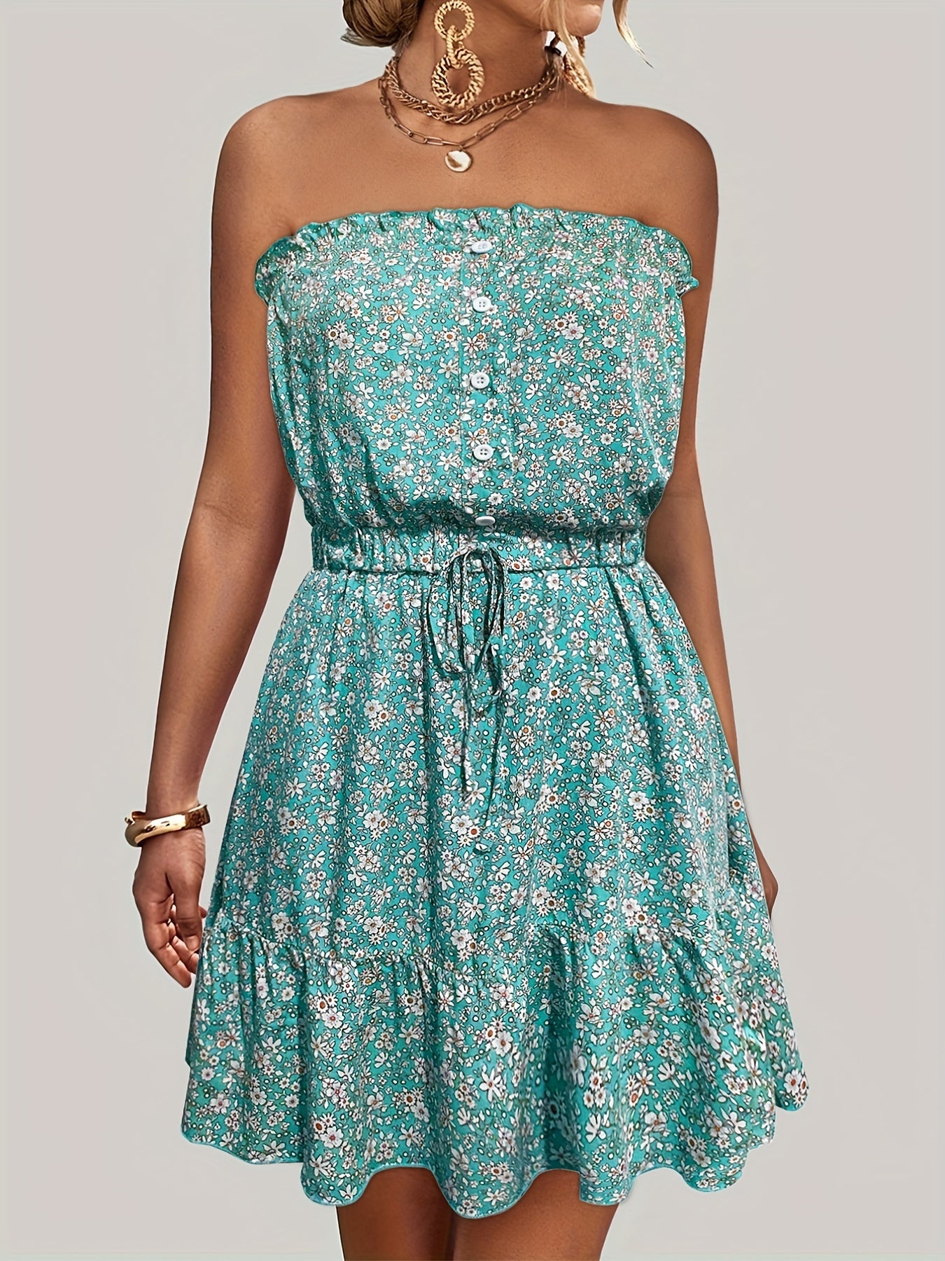 Sixsr Ditsy Floral Off Shoulder Dress, Sexy Sleeveless Drawstring Summer Dress, Women's Clothing