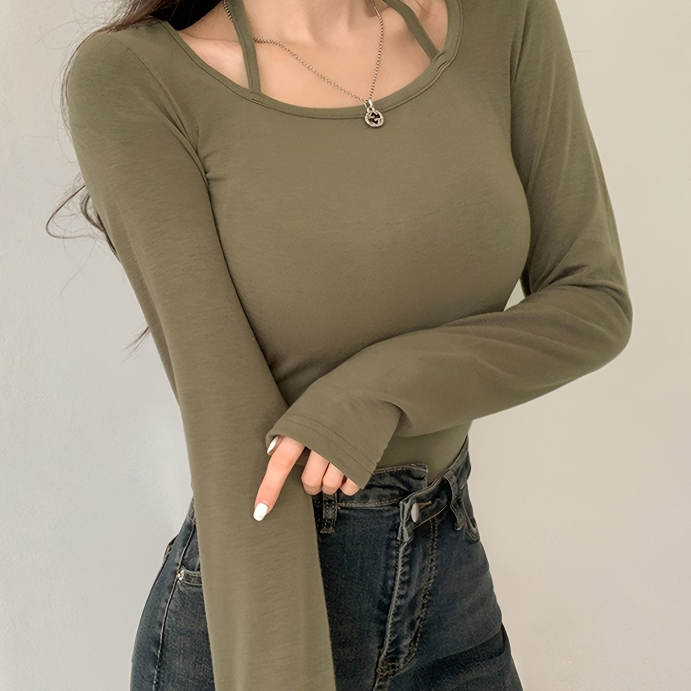 Sixsr Solid Tied Crew Neck T-Shirt, Casual Long Sleeve Top For Spring & Fall, Women's Clothing