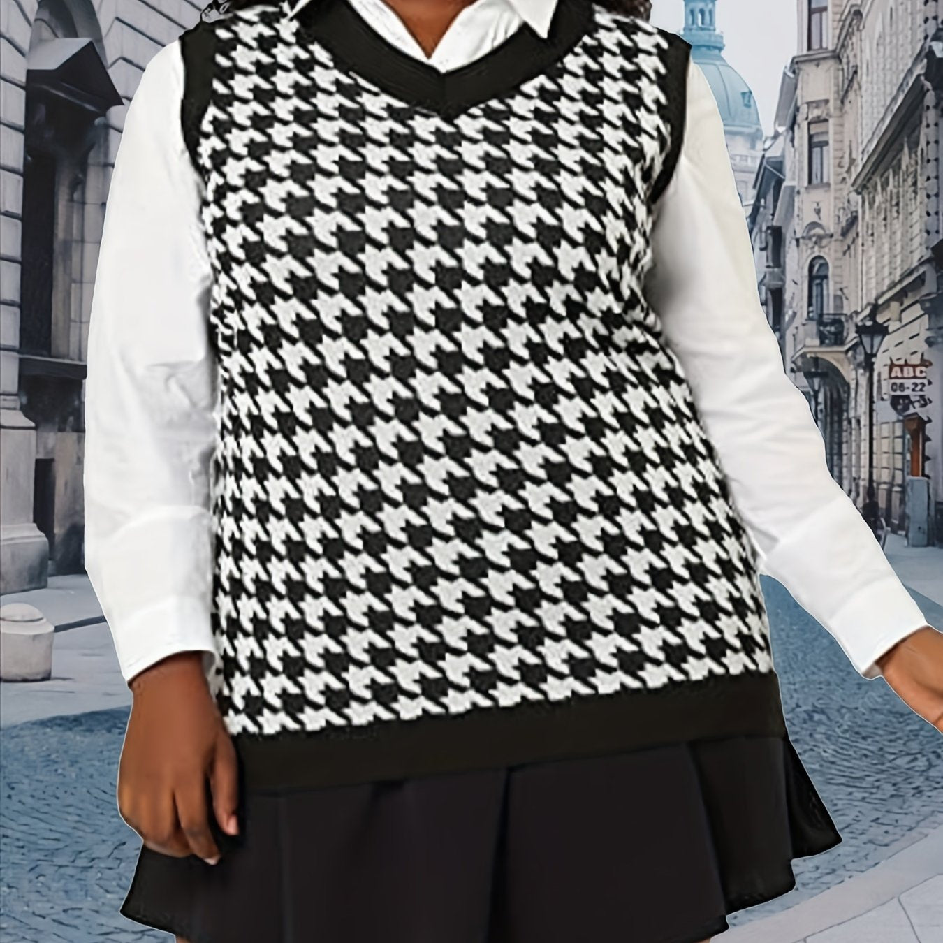 Sixsr Plus Size Preppy Vest, Women's Plus Houndstooth Pattern V Neck Medium Stretch Pullover Knit Vest