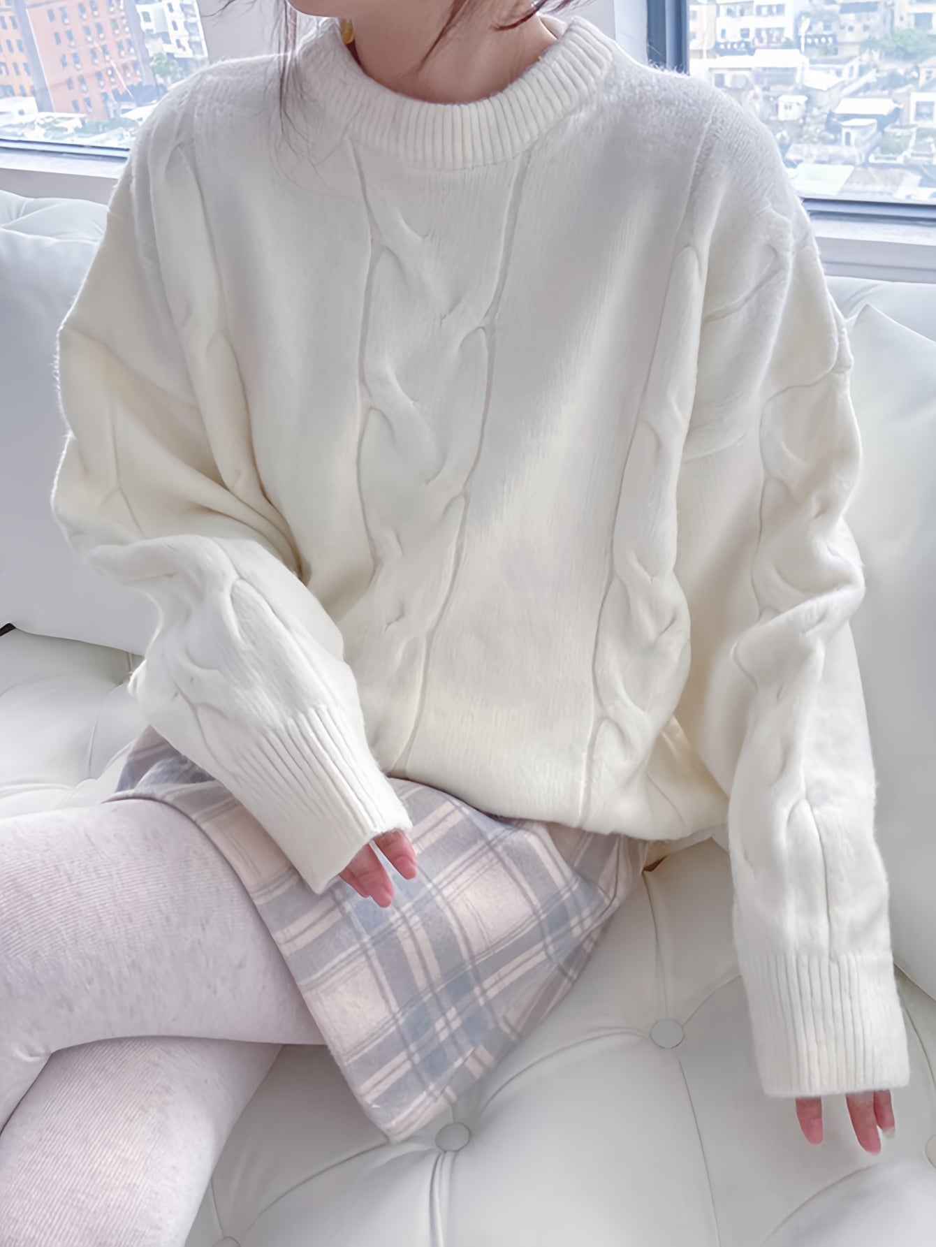 Sixsr Solid Cable Knit Loose Sweater, Casual Crew Neck Long Sleeve Sweater, Women's Clothing