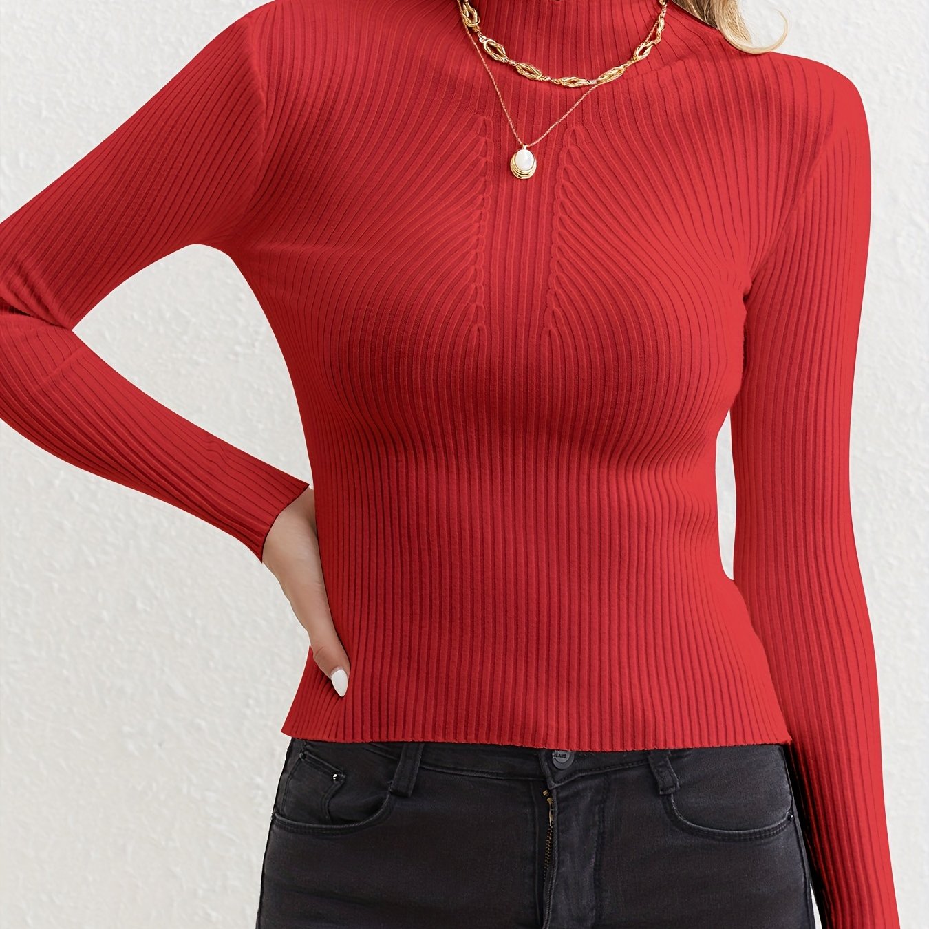 Sixsr Solid Mock Neck Slim Pullover Sweater, Causal Long Sleeve Sweater, Women's Clothing