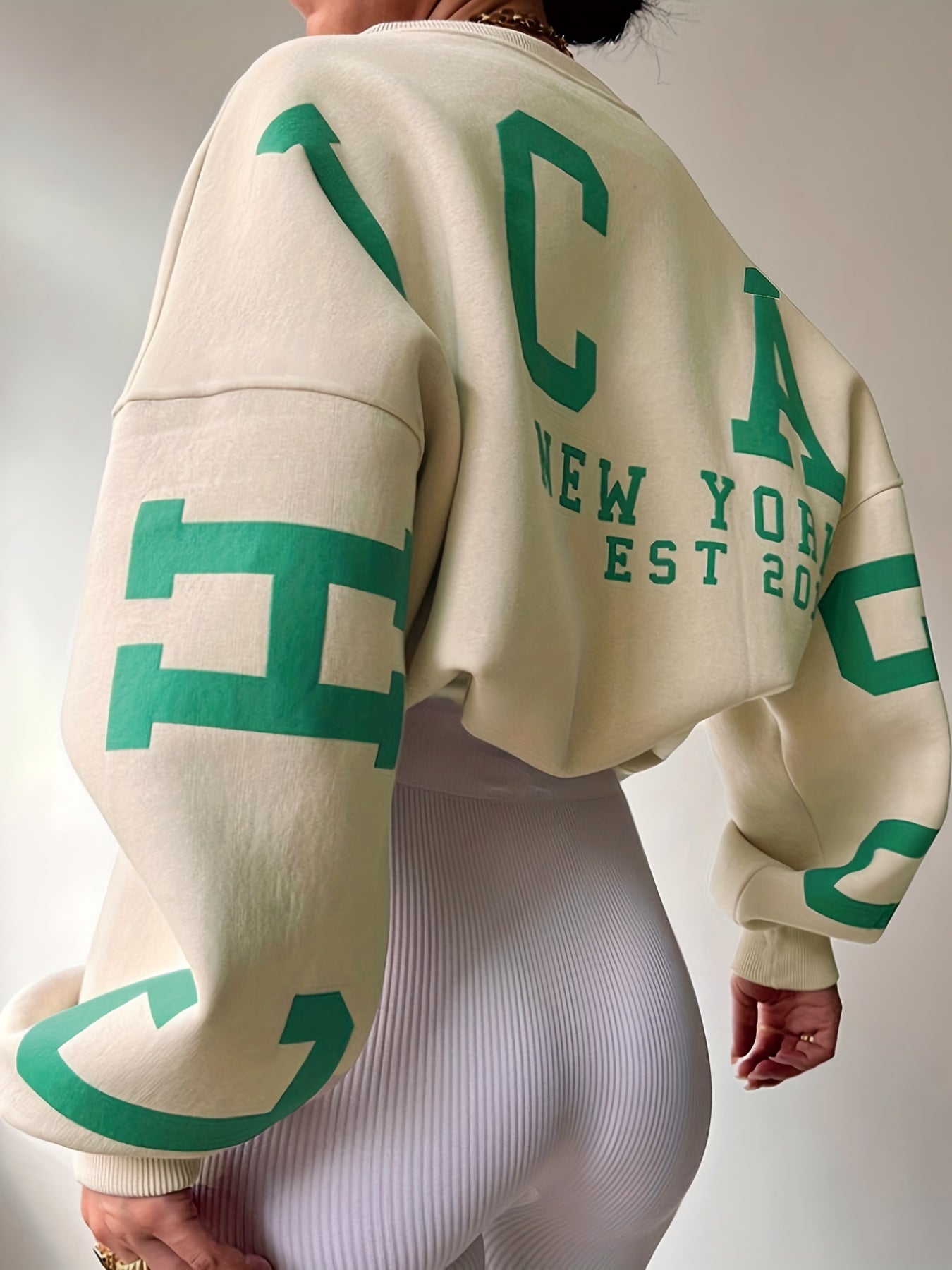 Sixsr Women Oversized Thermal Letter Graphic Print Sweatshirt Aesthetic Crew Neck Long Sleeve Drop Shoulder Pullover