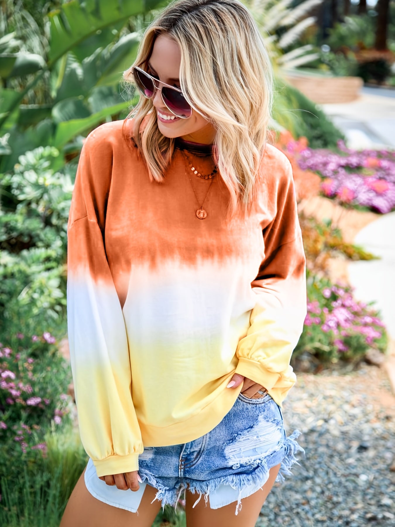Sixsr Striped Tie Dye Pullover Sweatshirt, Casual Crew Neck Long Sleeve Sweaters, Women's Clothing