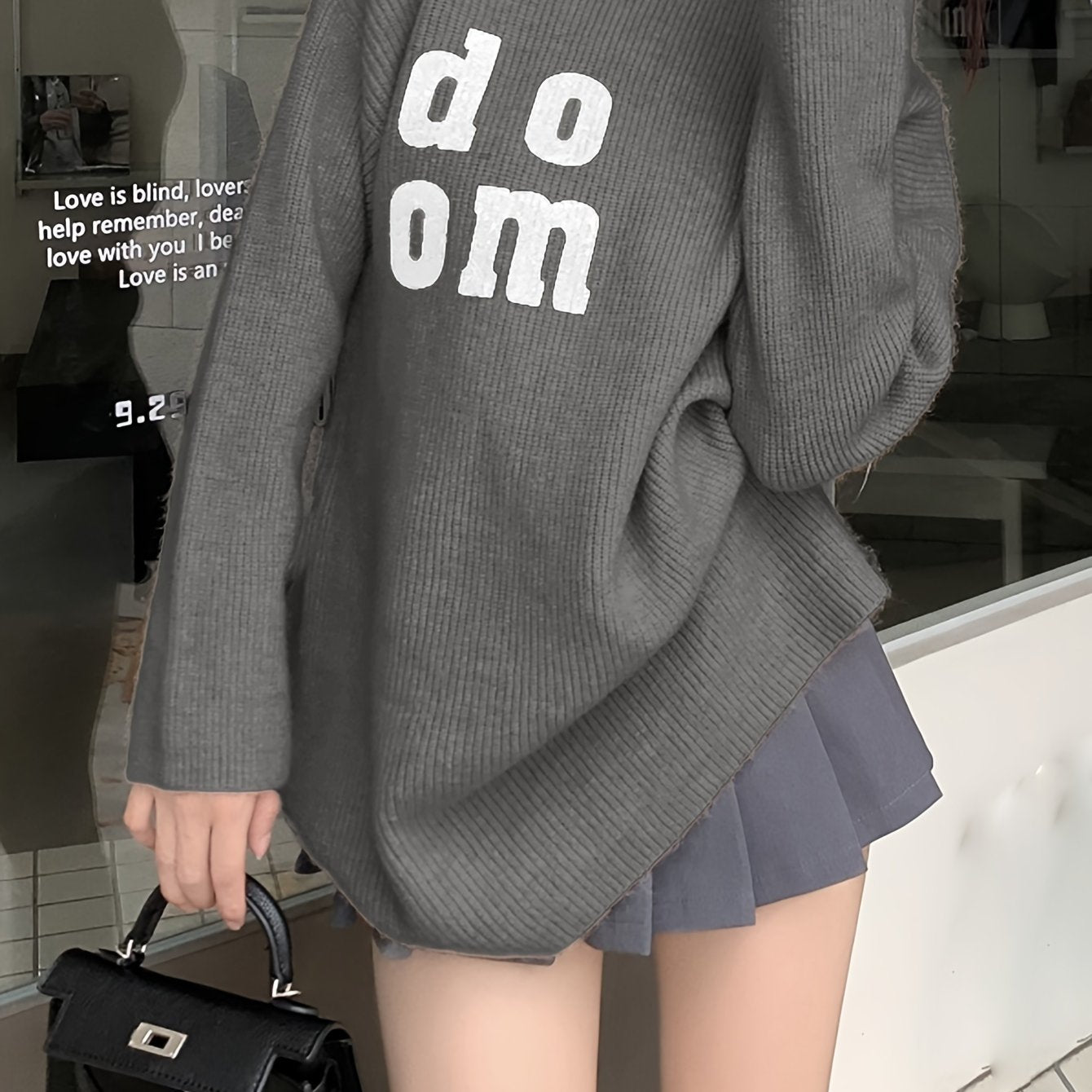 Sixsr Letter Pattern Mock Neck Pullover Sweater, Versatile Long Sleeve Loose Sweater For Fall & Winter, Women's Clothing