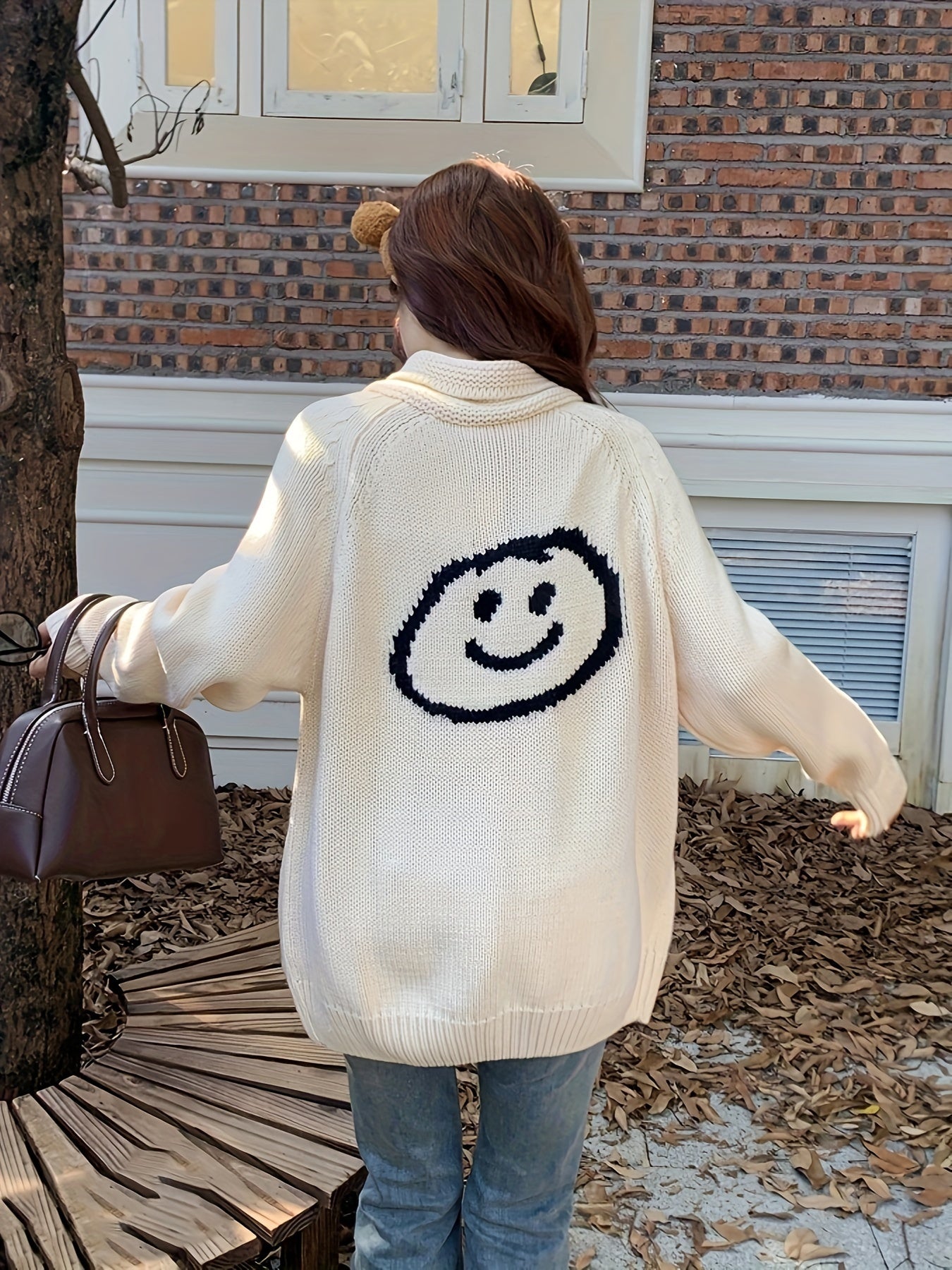 Sixsr Graphic Pattern Zip Up Knit Cardigan, Casual Long Sleeve Loose Sweater With Pocket, Women's Clothing