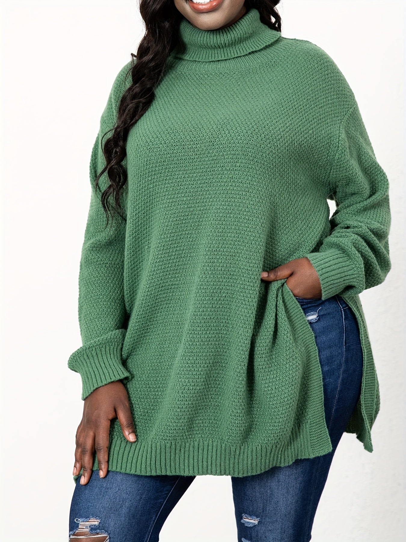 Sixsr Plus Size Turtle Neck Knit Side Slit Sweater, Women's Plus Solid High Stretch Elegant Sweater