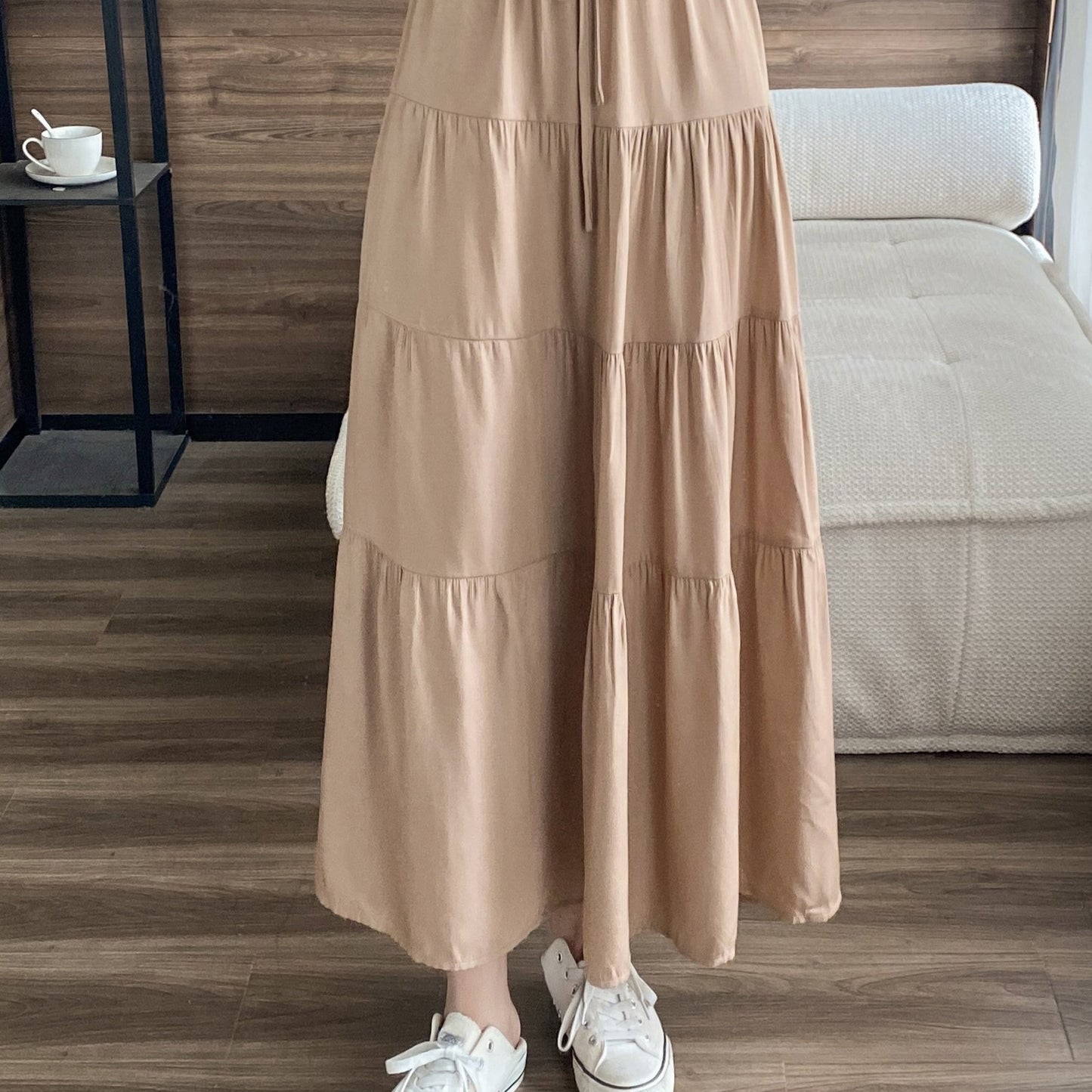 Ruffle Layered Hem Drawstring Skirt, Casual Skirt For Spring & Summer, Women's Clothing