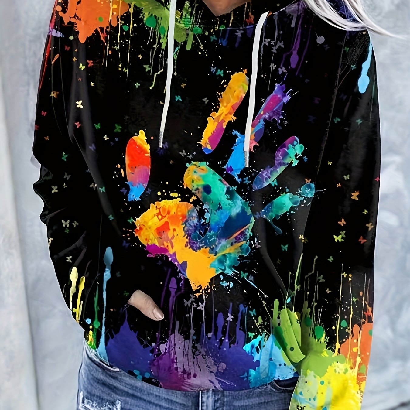 Sixsr Plus Size Casual Sweatshirt, Women's Plus Hand & Splash Painting Print Long Sleeve Drawstring Hooded Pullover Sweatshirt With Kangaroo Pockets, Casual Tops For Fall & Winter, Plus Size Women's Clothing